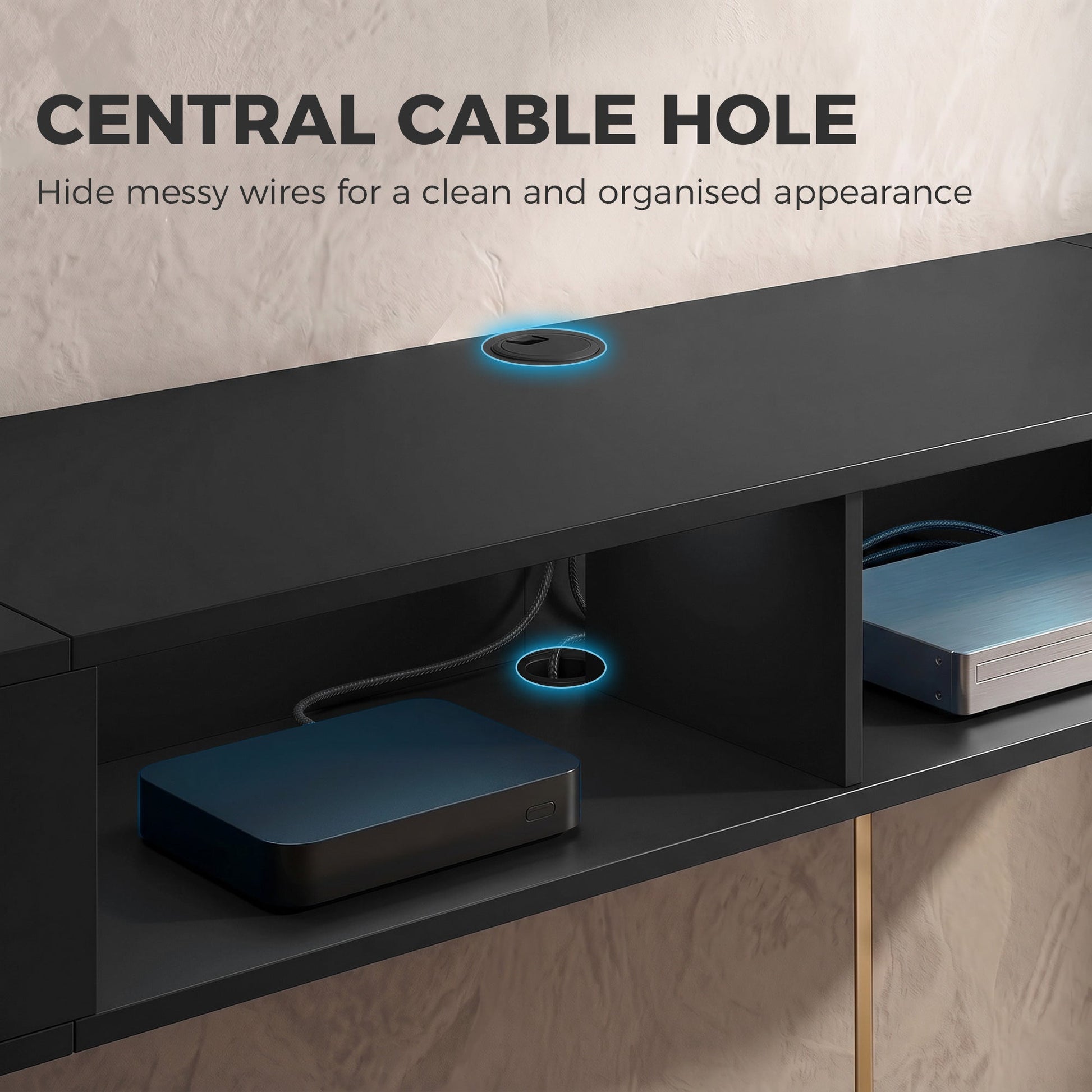 TV Stand for TVs up to 75 Inch, Modern Entertainment Center with RGB LED Lights, USB Powered, Wall-Mounted Media Console Table with 4 Open Storage Shelves for Living Room, Black