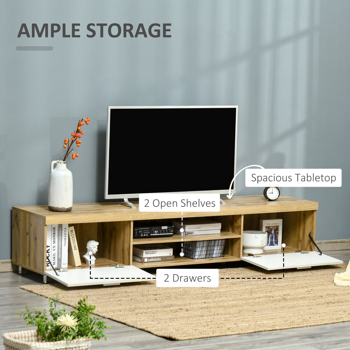 HOMCOM 200cm TV Cabinet for TVs up to 90", Modern TV Unit with Storage and Open Shelves for Living Room and Bedroom, White and Light Brown