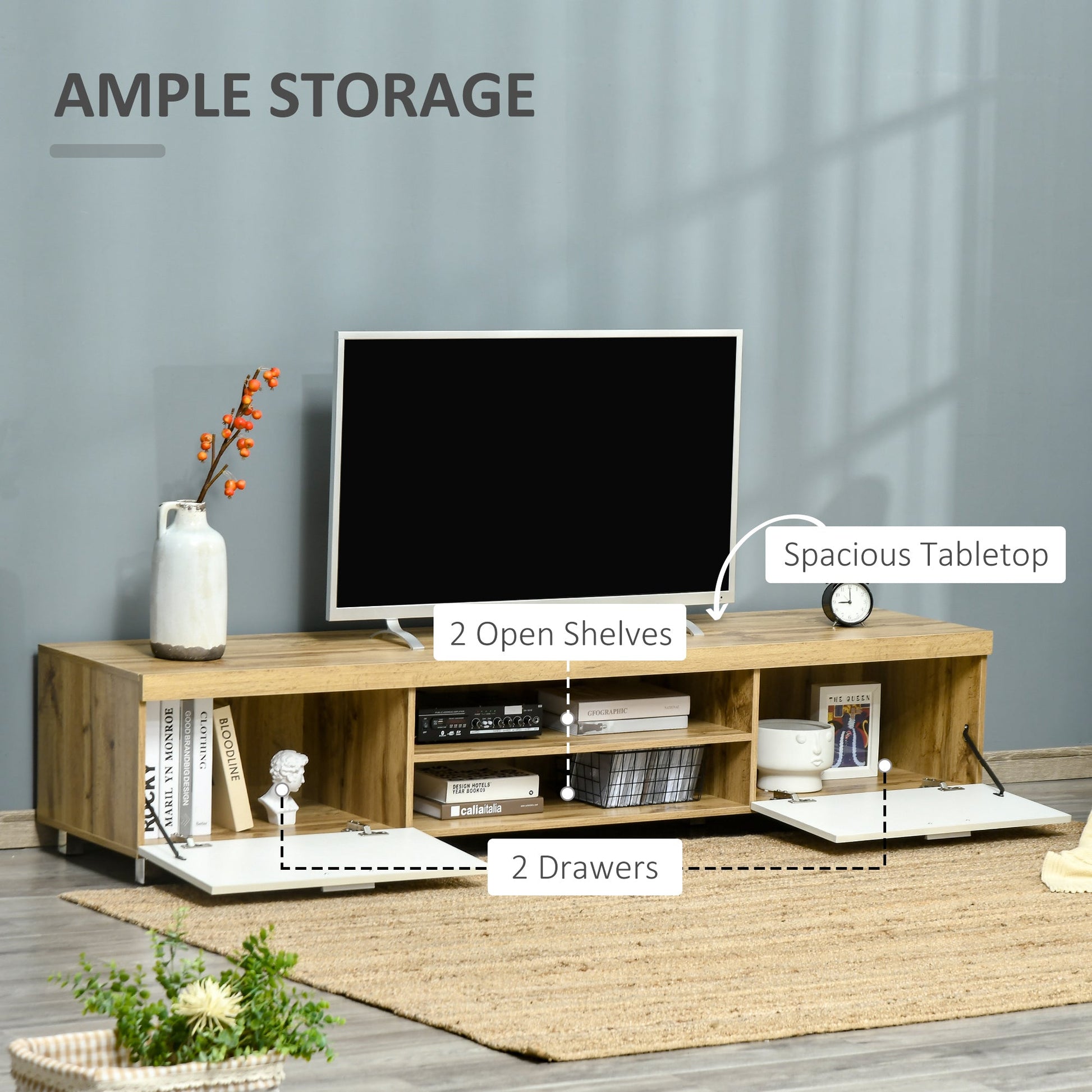 HOMCOM 200cm TV Cabinet for TVs up to 90", Modern TV Unit with Storage and Open Shelves for Living Room and Bedroom, White and Light Brown