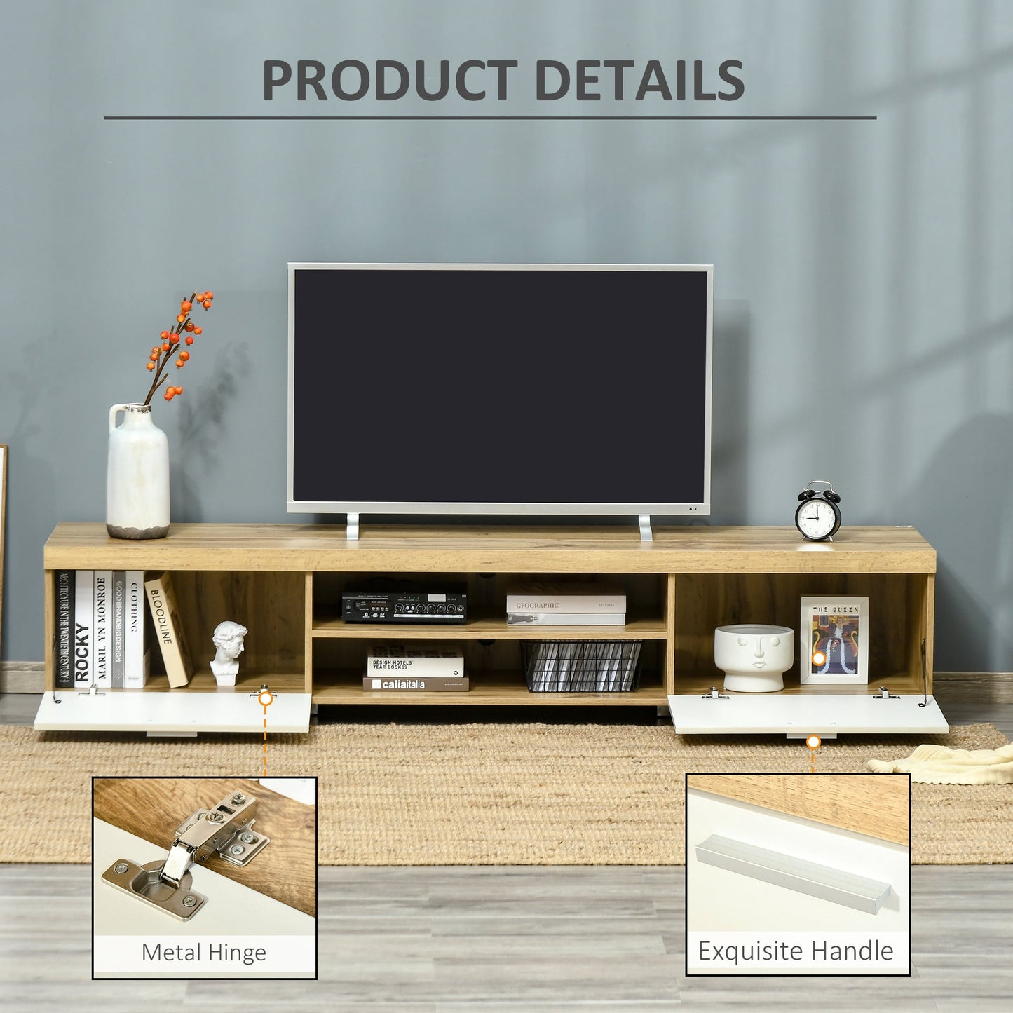HOMCOM 200cm TV Cabinet for TVs up to 90", Modern TV Unit with Storage and Open Shelves for Living Room and Bedroom, White and Light Brown