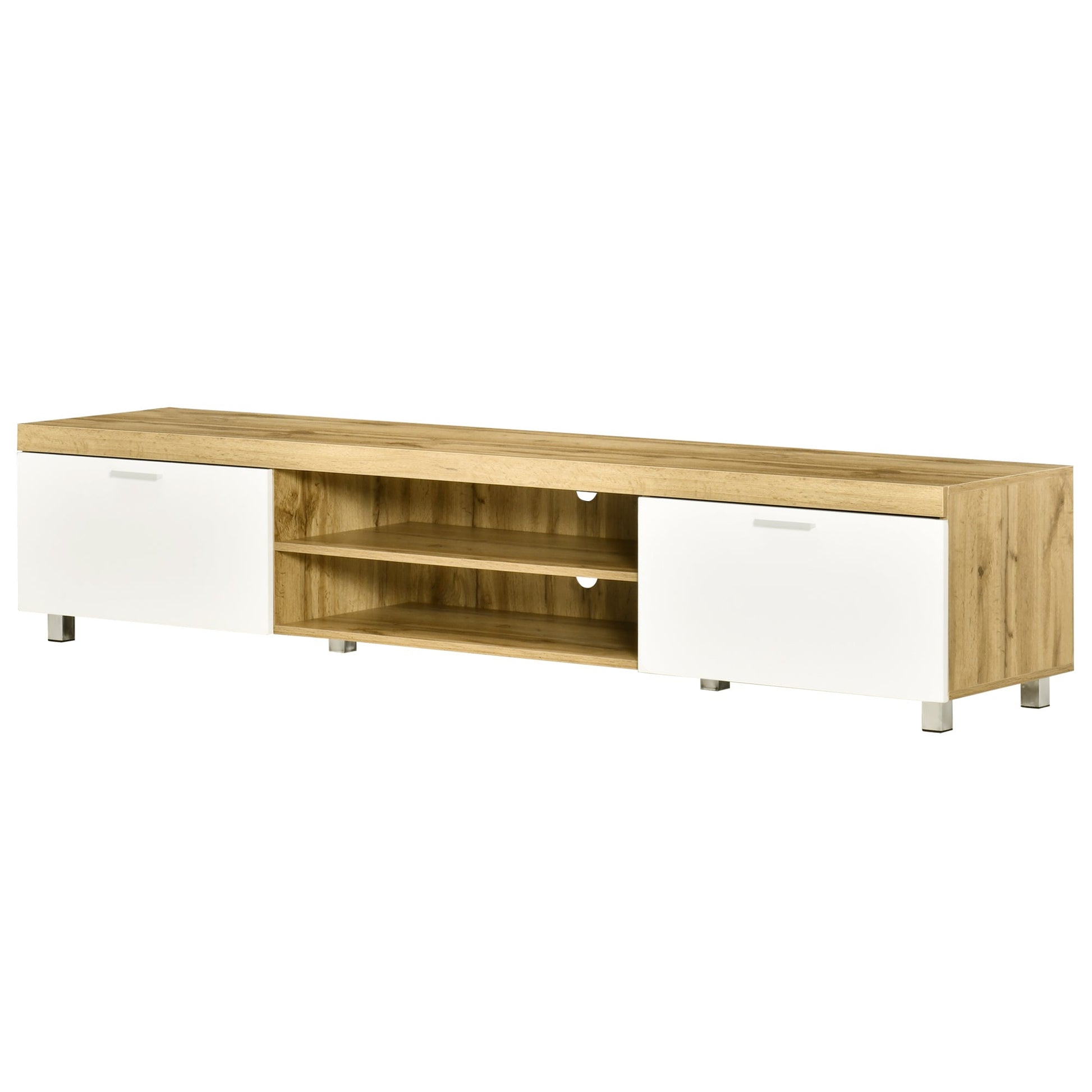 HOMCOM 200cm TV Cabinet for TVs up to 90", Modern TV Unit with Storage and Open Shelves for Living Room and Bedroom, White and Light Brown