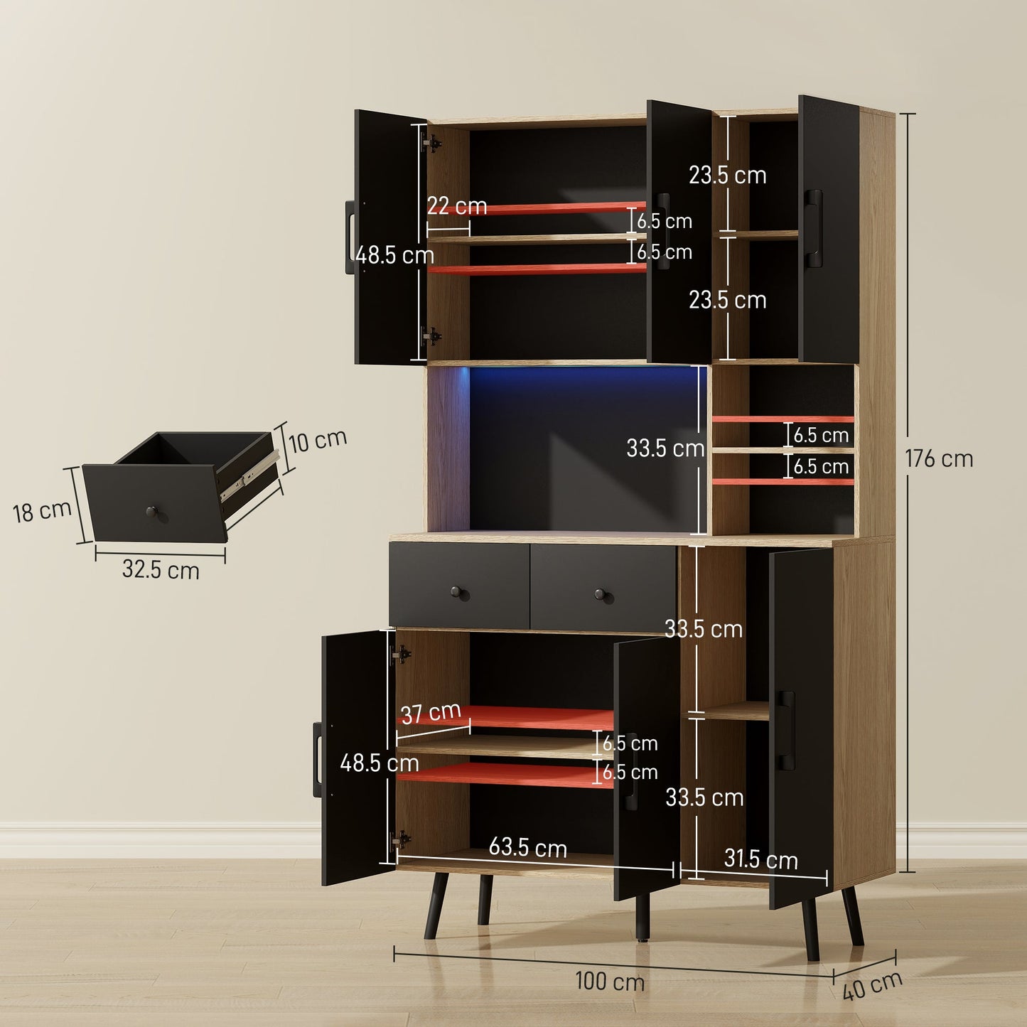 176 cm Tall Kitchen Cupboard with RGB LED Lights, Freestanding 6-Door Kitchen Storage Cabinet with 2 Drawers, Adjustable Shelves, Open Countertop and Cable Hole, Oak and Black