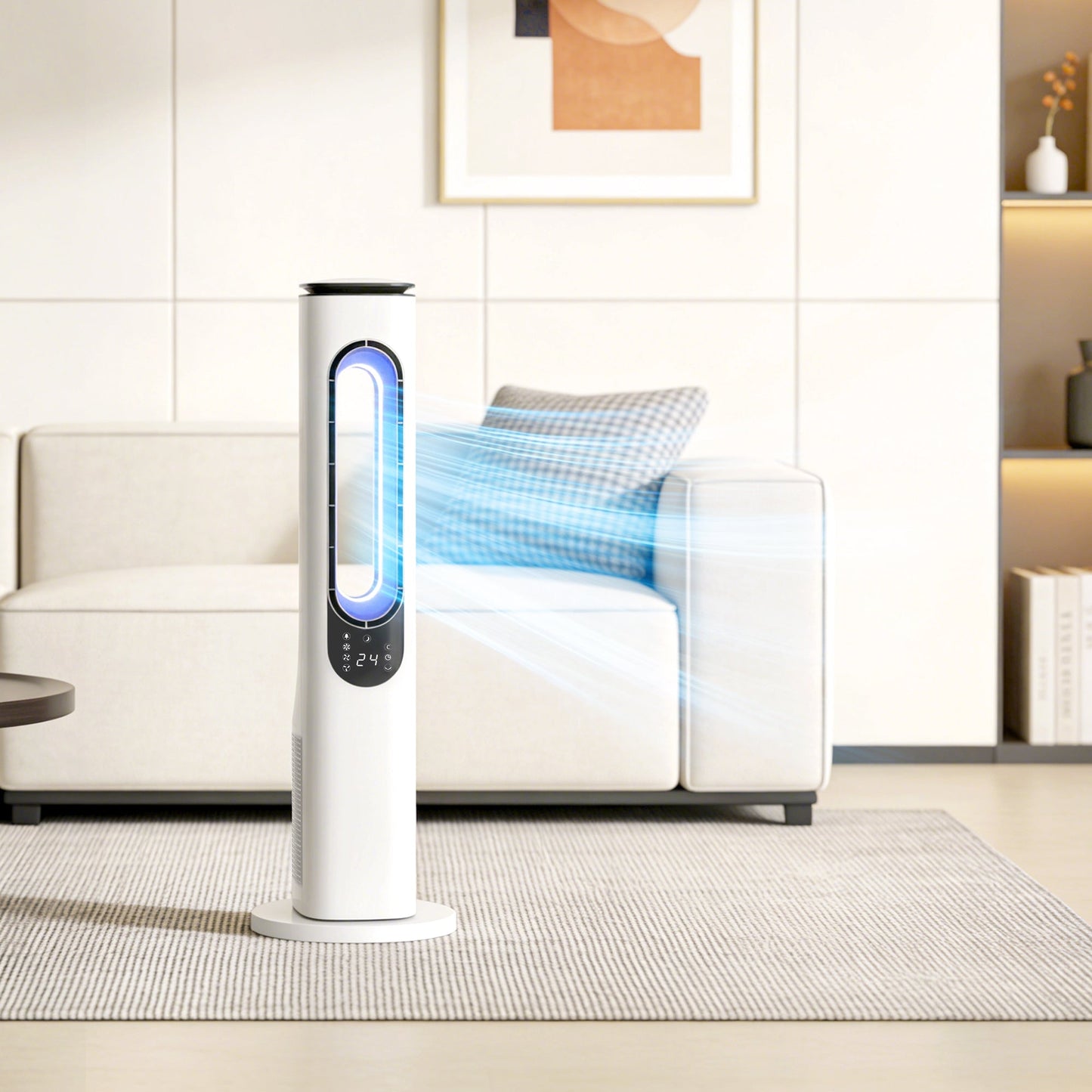 Bladeless Tower Fan for Bedroom, 35dB Standing Cooling Fan with 50° Oscillating, LED Lights, 3 Speeds, 3 Modes, 15H Timer, LED Display and Remote Control, White