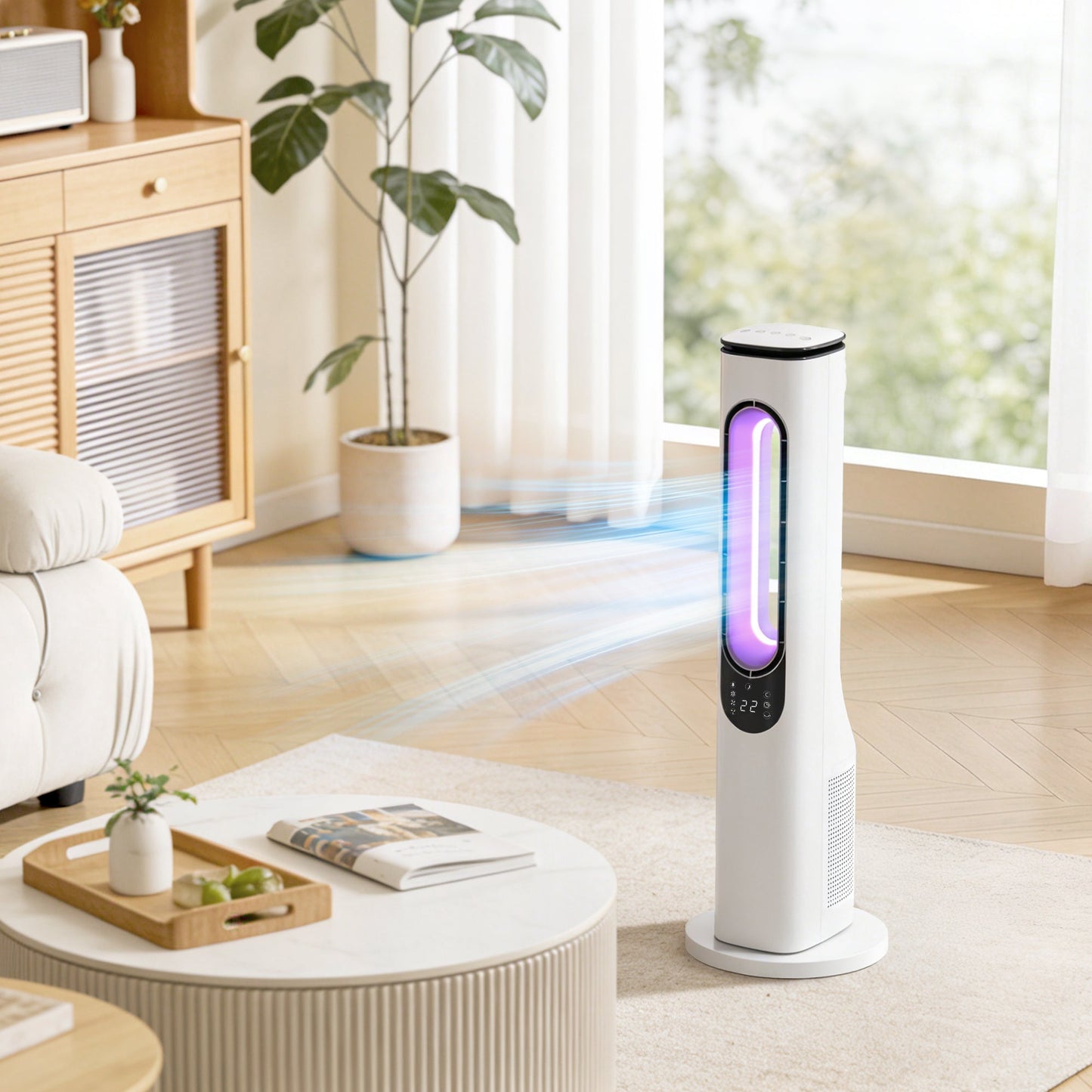 Bladeless Tower Fan for Bedroom, 35dB Standing Cooling Fan with 50° Oscillating, LED Lights, 3 Speeds, 3 Modes, 15H Timer, LED Display and Remote Control, White