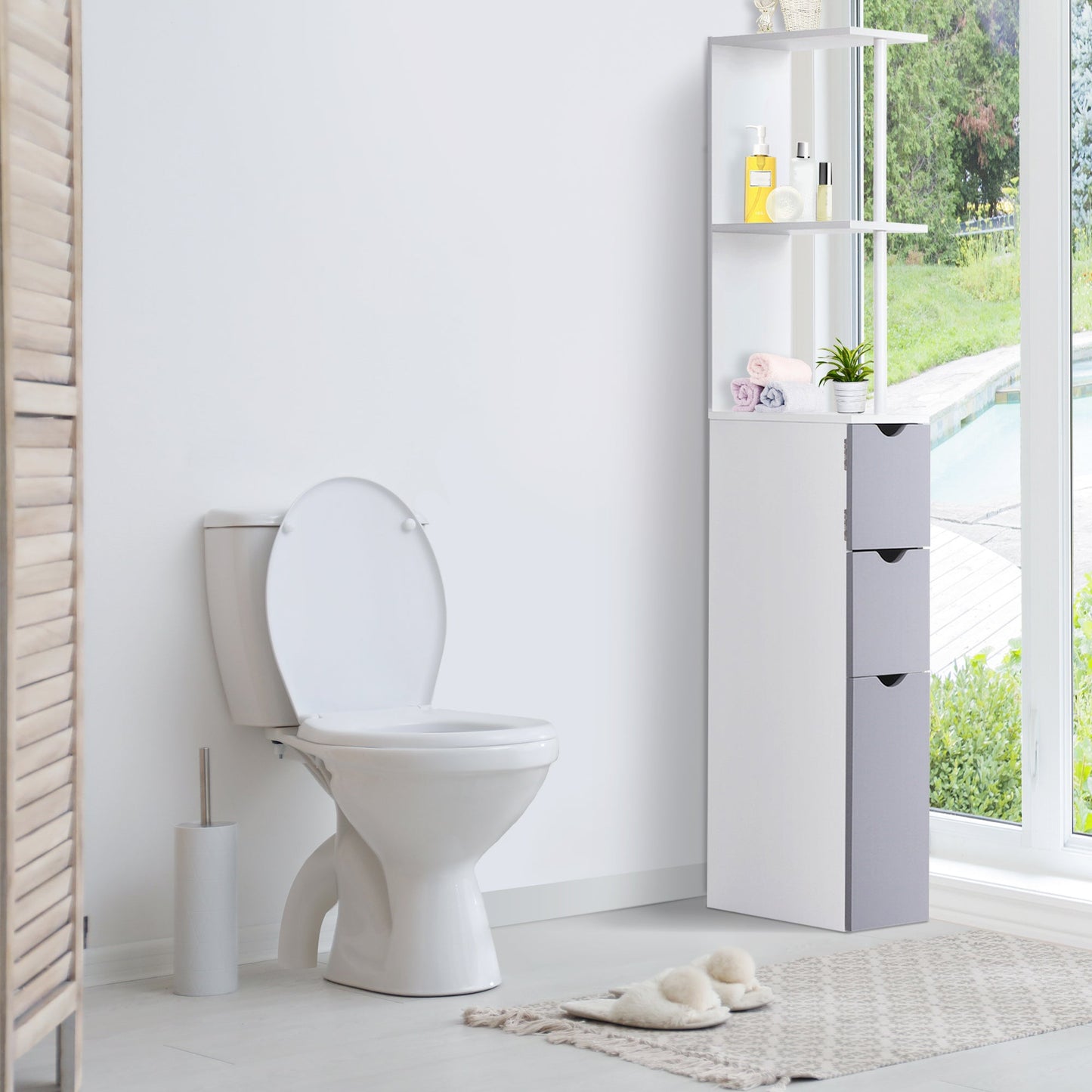 HOMCOM Tall Bathroom Cabinet, Freestanding Bathroom Storage Cabinet with 2-Tier Shelf and Drawers, Narrow Cupboard Storage Unit, White, Grey