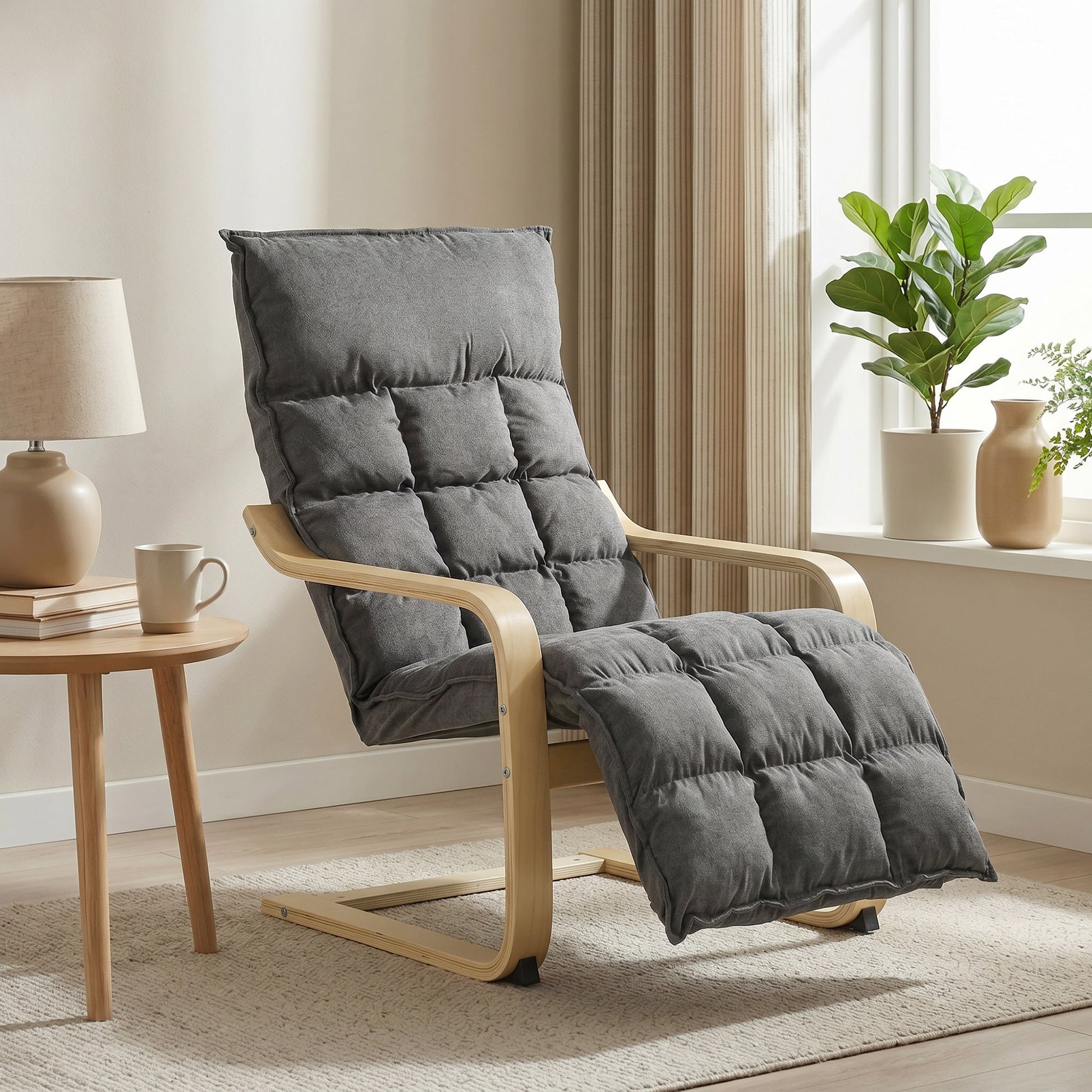 Accent Chair, Linen-Look Fabric Armchair with Footrest, Plush Cushion, High Back, Wide Seat, Curved Legs and Arms, Gentle Motion, Leisure Lounge Chair for Living Room, Bedroom, Grey