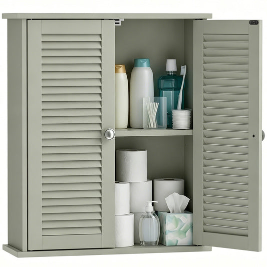 Bathroom Wall Cabinet, Wall-Mounted Over-The-Toilet Space Saver with Louvered Doors and Adjustable Shelf Storage for Kitchen, Living Room, Light Green