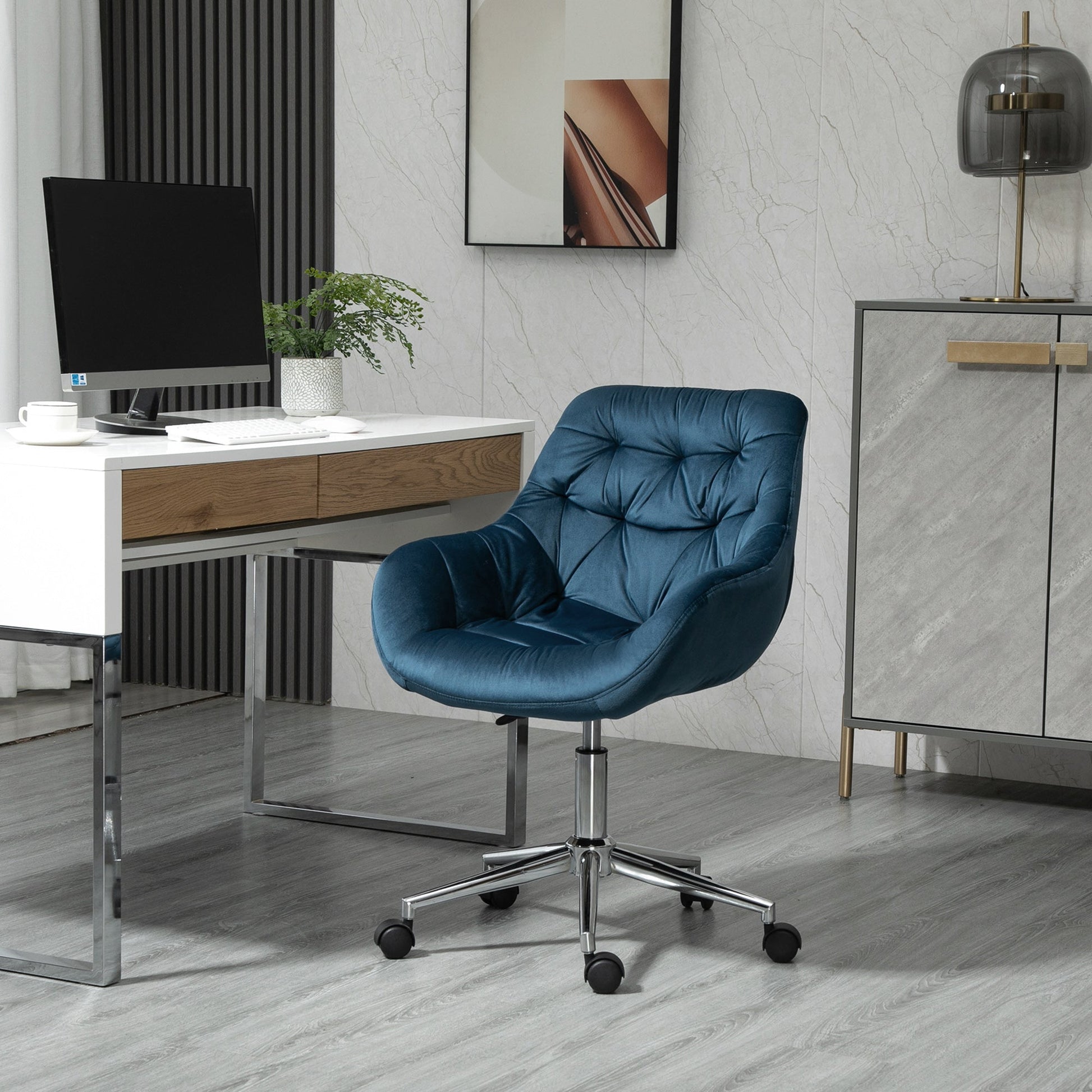 Vinsetto Home Office Chair Velvet Ergonomic Computer Chair Comfy Desk Chair with Adjustable Height, Arm and Back Support, Blue
