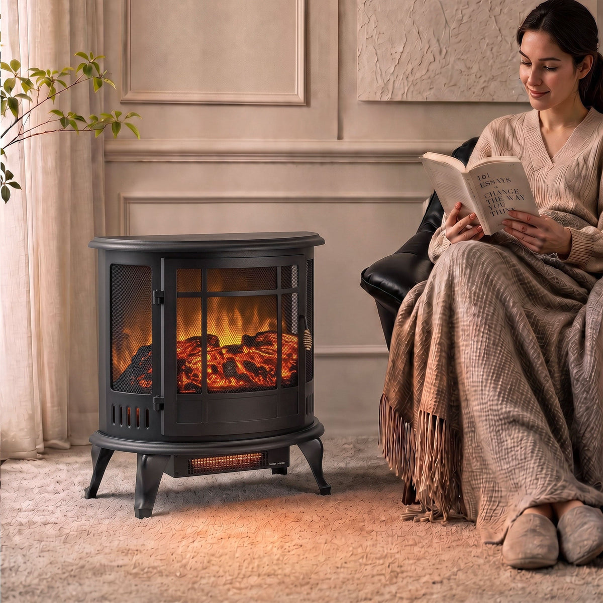 3-Sided Electric Fireplace Stove, 2000W Freestanding Log Burner, Portable Electric Fire Fan Heater with LED Flame Effect, Adjustable Thermostat, Overheat Protection, Black