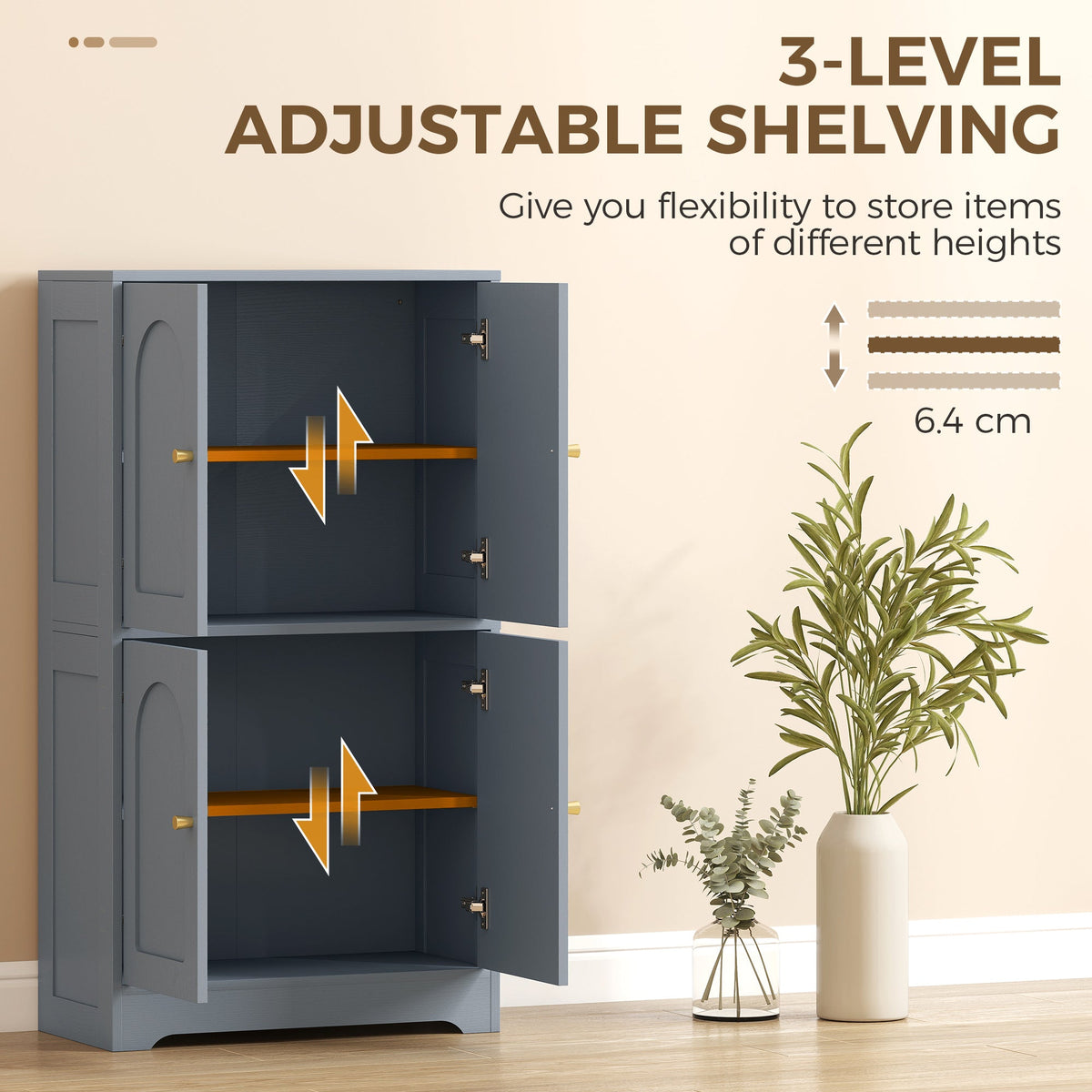 110cm Kitchen Cupboard, Freestanding Kitchen Storage Cabinet with 4 Arched Doors and 2 Adjustable Shelves, Modern Pantry Cupboard for Dining Room, Grey