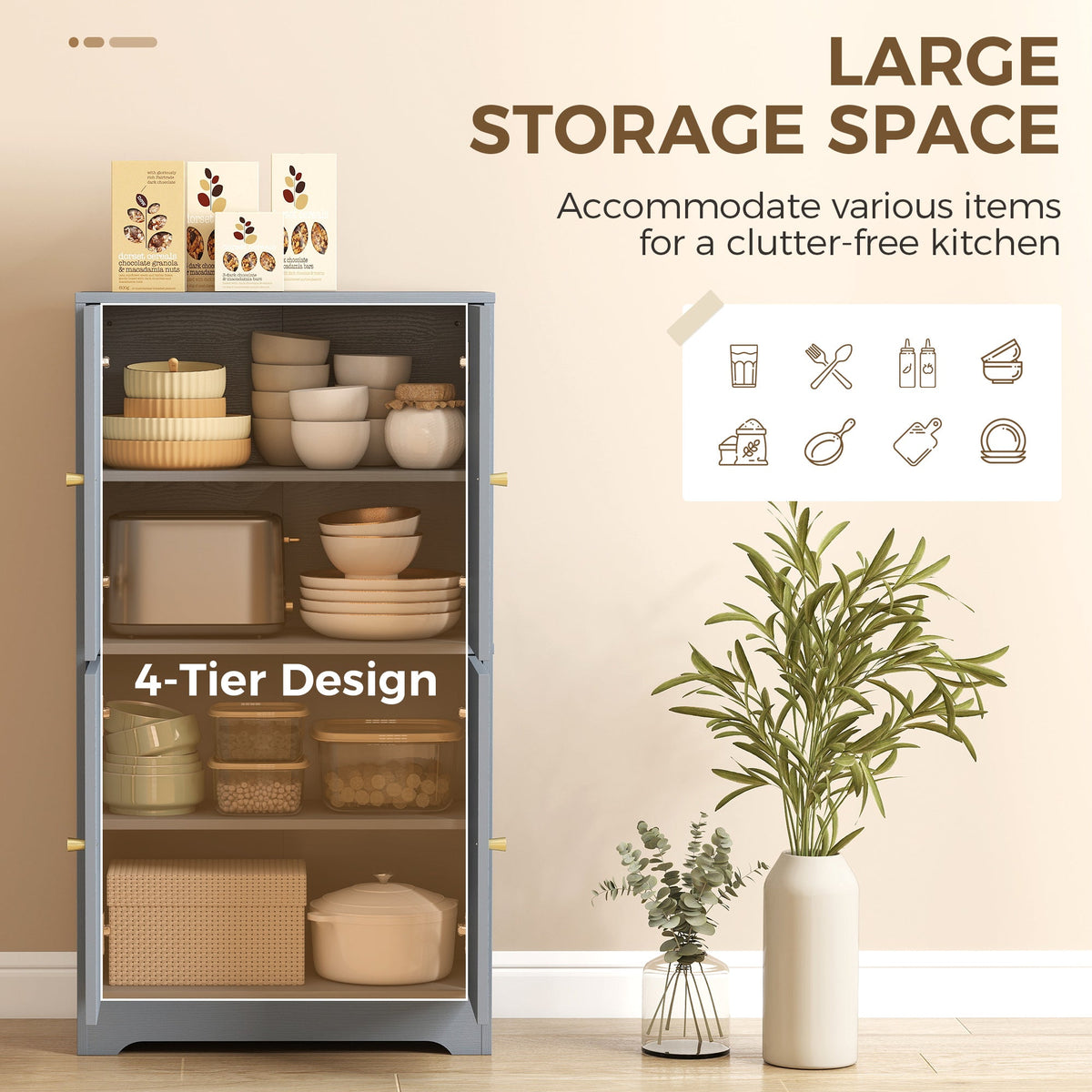 110cm Kitchen Cupboard, Freestanding Kitchen Storage Cabinet with 4 Arched Doors and 2 Adjustable Shelves, Modern Pantry Cupboard for Dining Room, Grey
