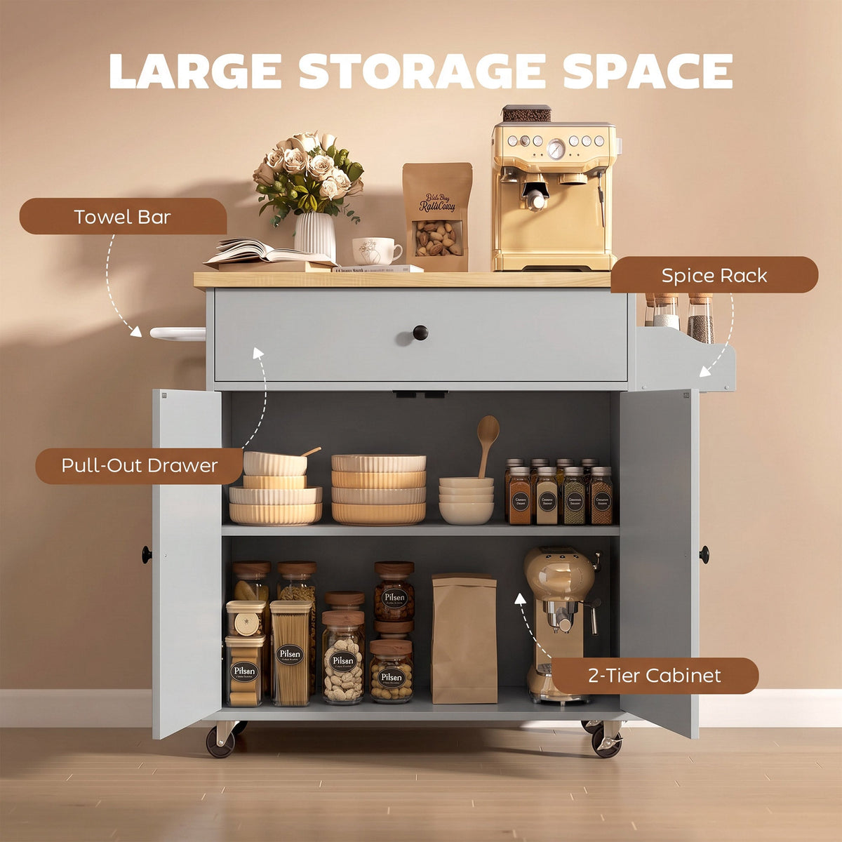 Kitchen Island with Drop Leaf, Rolling Kitchen Storage Trolley on Wheels with Drawer, Spice Rack and Towel Rack, Storage Cart with Adjustable Shelf, Grey