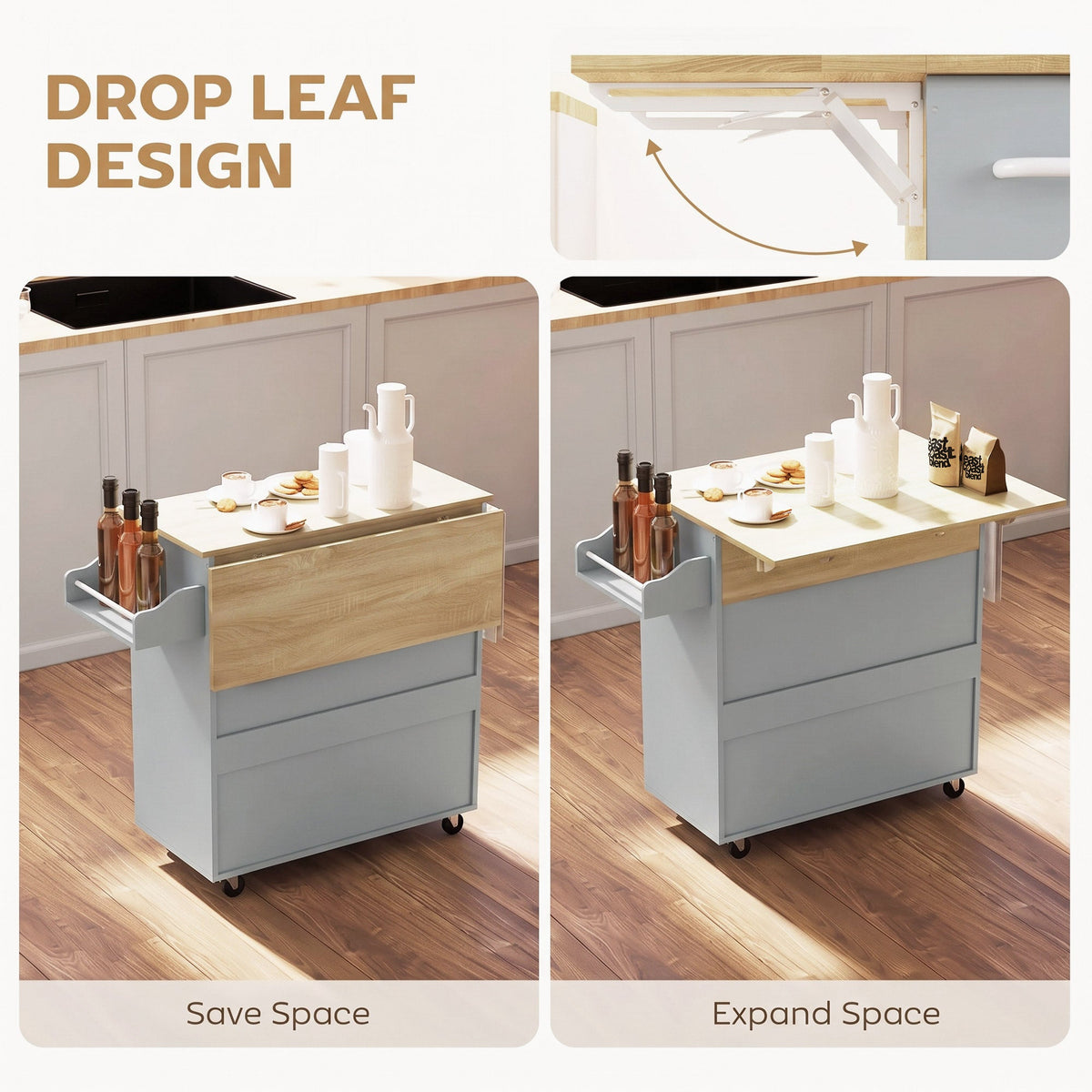 Kitchen Island with Drop Leaf, Rolling Kitchen Storage Trolley on Wheels with Drawer, Spice Rack and Towel Rack, Storage Cart with Adjustable Shelf, Grey