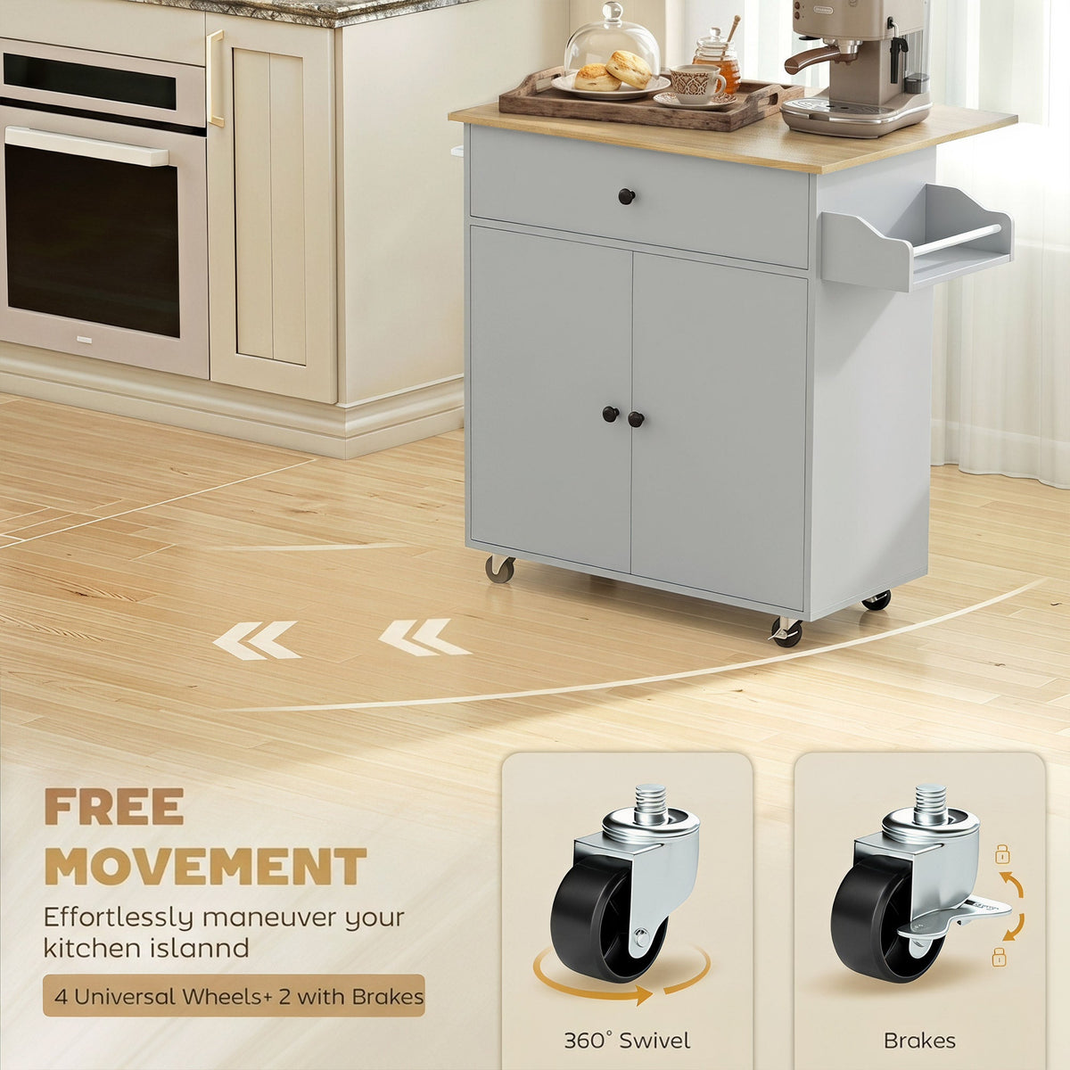 Kitchen Island with Drop Leaf, Rolling Kitchen Storage Trolley on Wheels with Drawer, Spice Rack and Towel Rack, Storage Cart with Adjustable Shelf, Grey