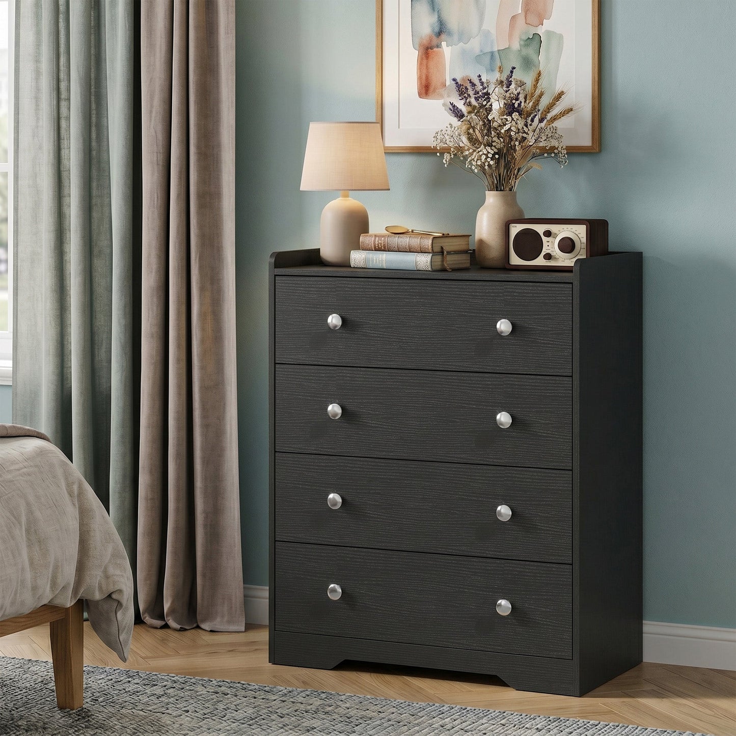 4 Drawer Chest of Drawers, Modern Dresser for Bedroom, Storage Cabinet for Living Room Entryway, Black Wood Effect
