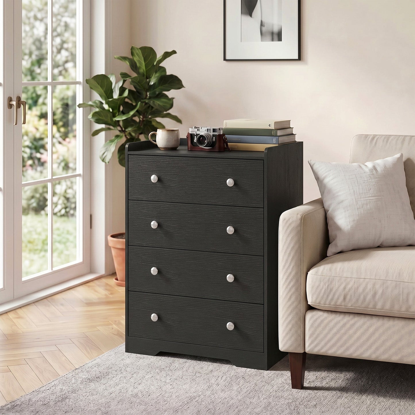 4 Drawer Chest of Drawers, Modern Dresser for Bedroom, Storage Cabinet for Living Room Entryway, Black Wood Effect