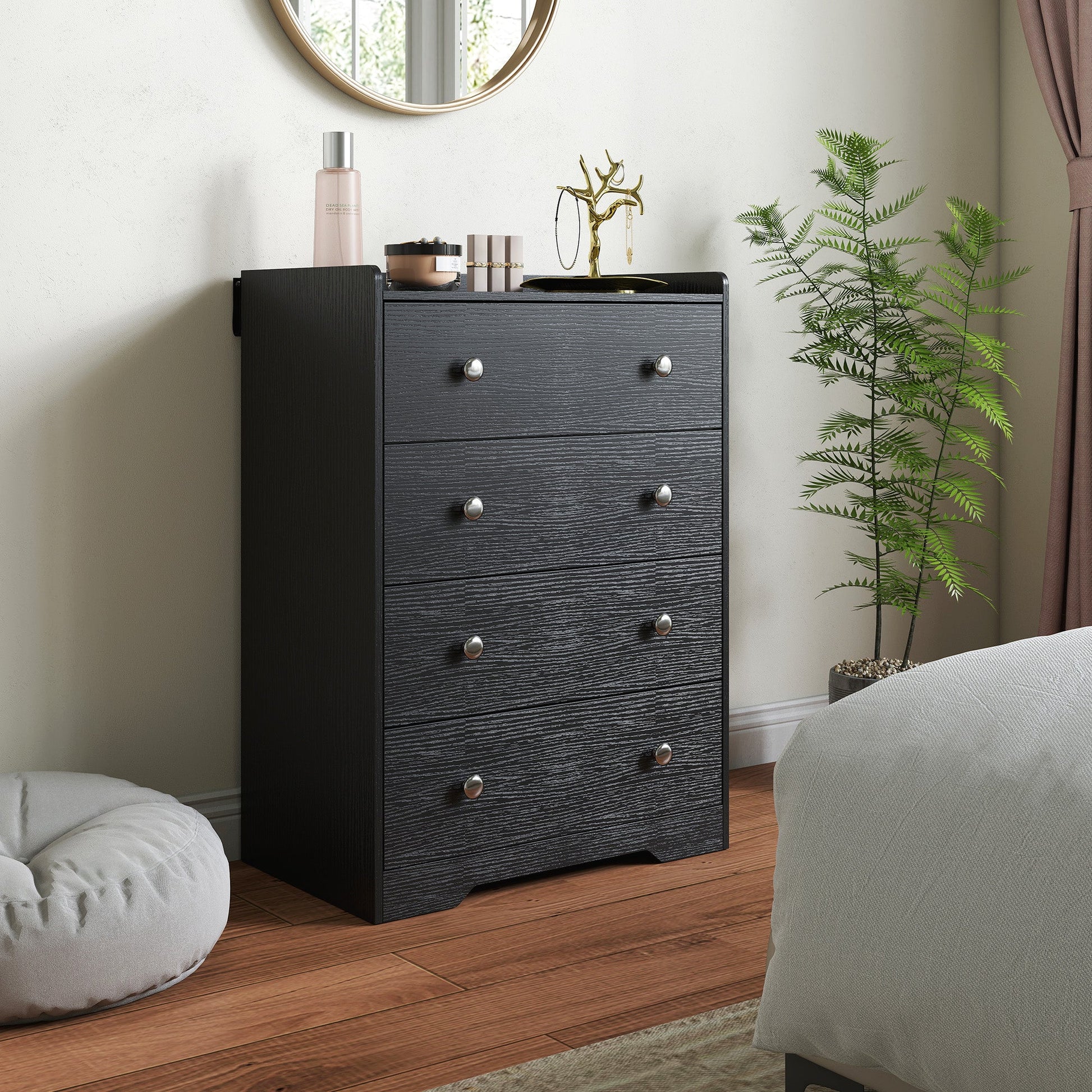 4 Drawer Chest of Drawers, Modern Dresser for Bedroom, Storage Cabinet for Living Room Entryway, Black Wood Effect