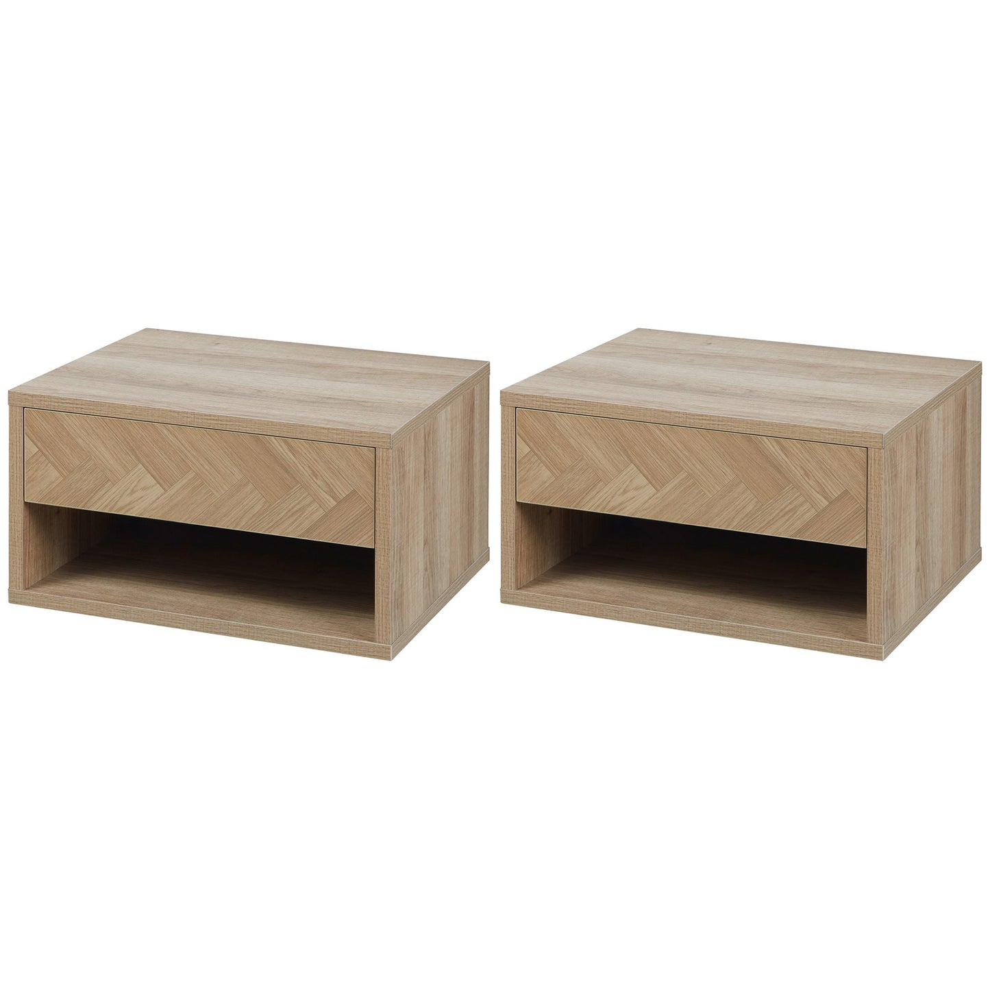 HOMCOM Floating Bedside Table Set of 2 Wall Mounted Nightstand with Storage Drawer and Open Shelf for Bedroom, Natural