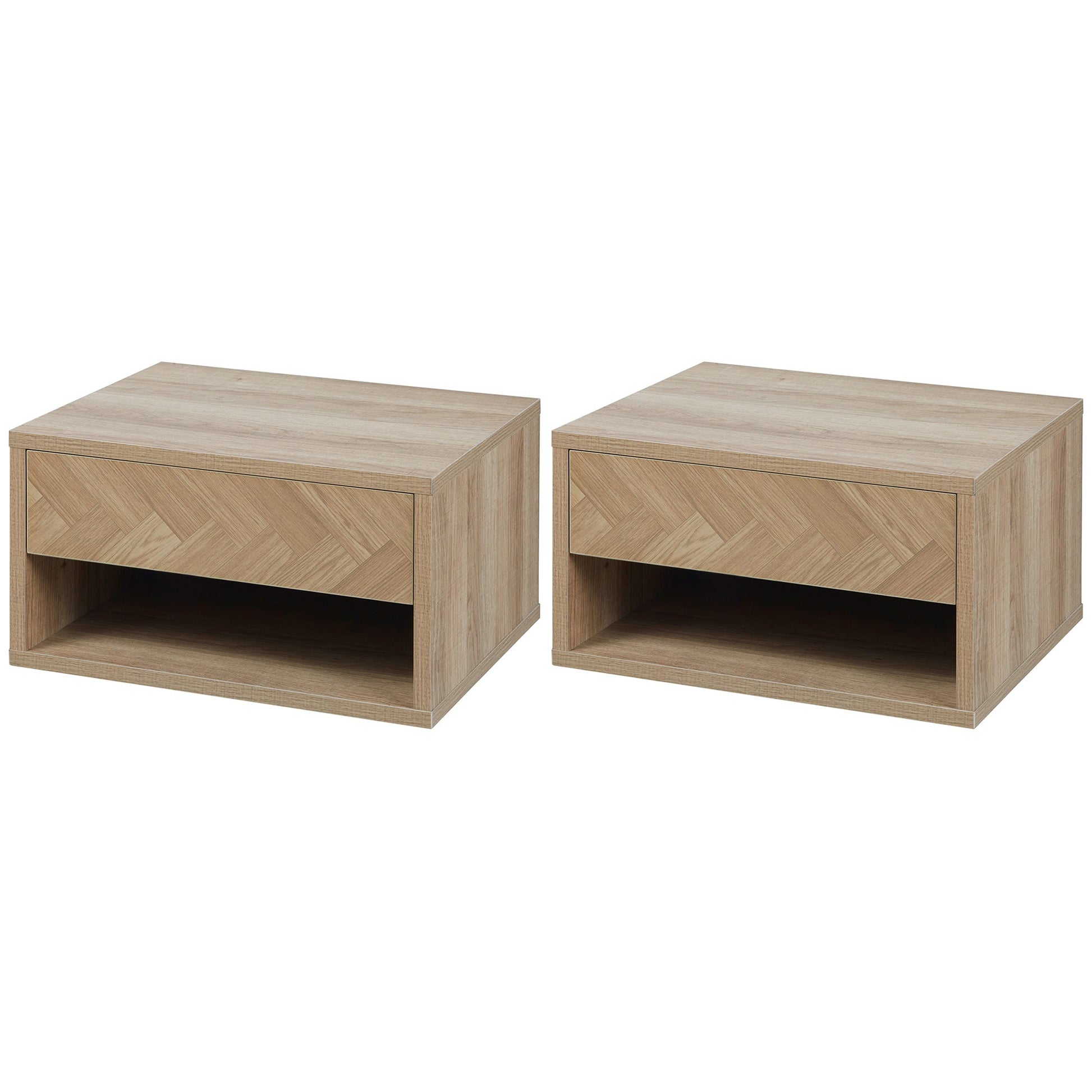 HOMCOM Floating Bedside Table Set of 2 Wall Mounted Nightstand with Storage Drawer and Open Shelf for Bedroom, Natural