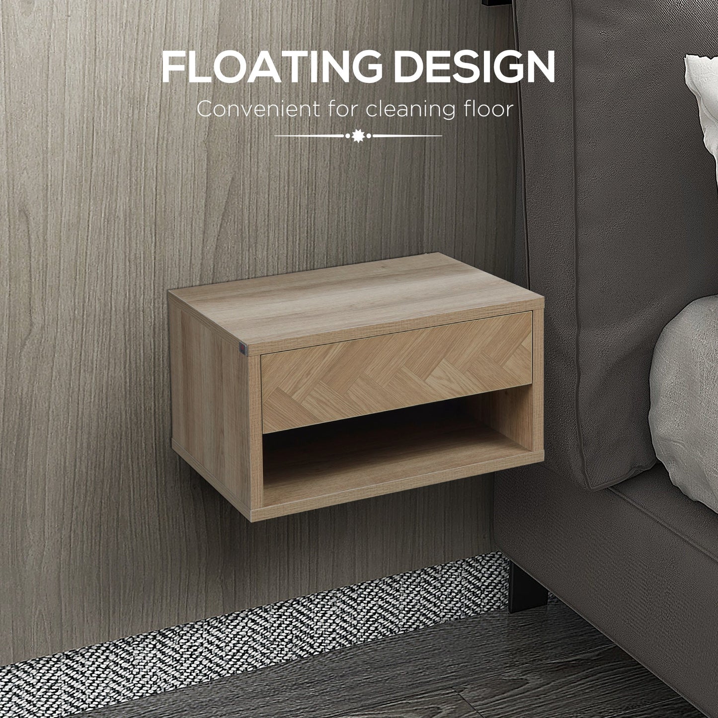 HOMCOM Floating Bedside Table Set of 2 Wall Mounted Nightstand with Storage Drawer and Open Shelf for Bedroom, Natural