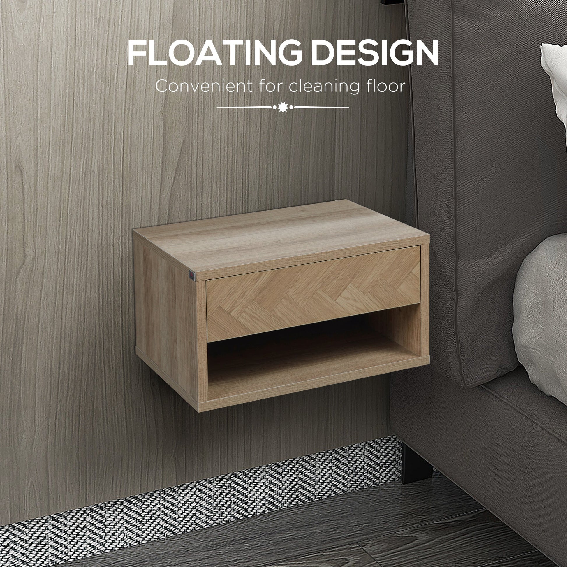 HOMCOM Floating Bedside Table Set of 2 Wall Mounted Nightstand with Storage Drawer and Open Shelf for Bedroom, Natural