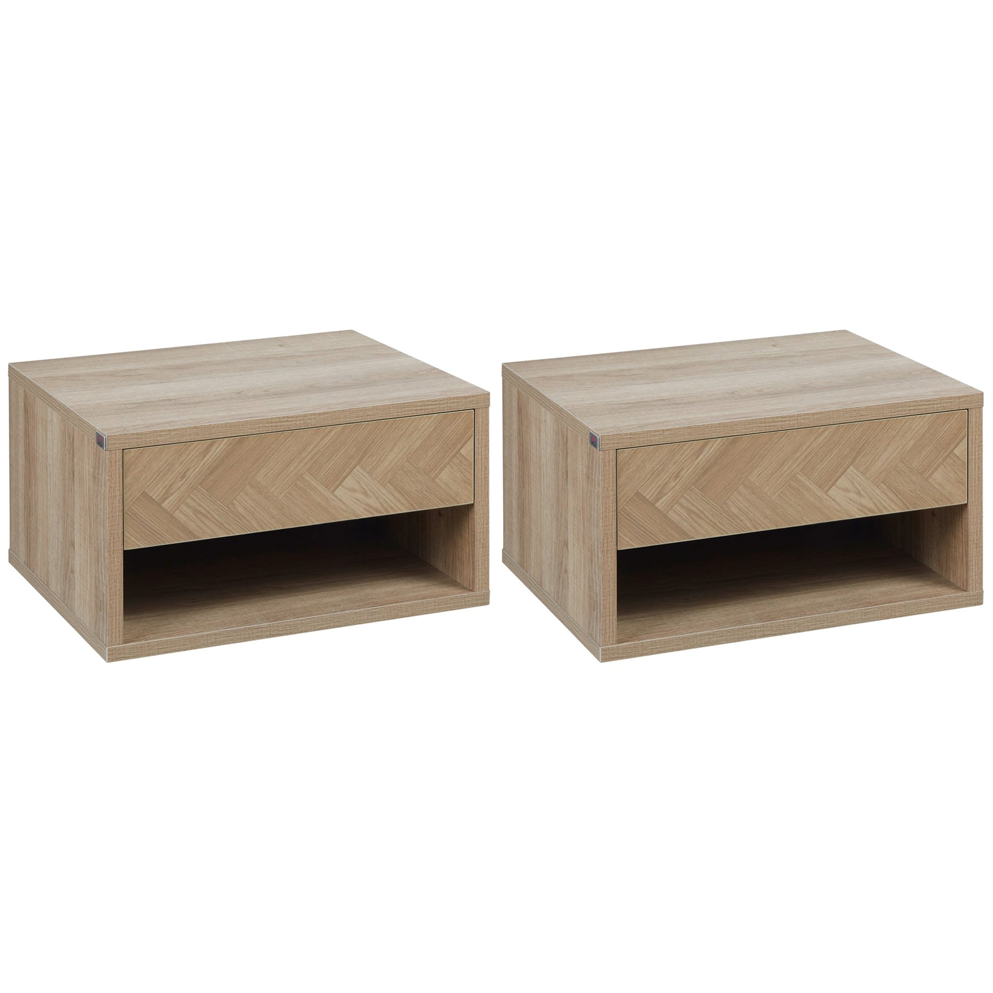 HOMCOM Floating Bedside Table Set of 2 Wall Mounted Nightstand with Storage Drawer and Open Shelf for Bedroom, Natural
