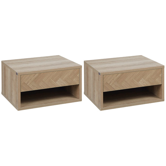 HOMCOM Floating Bedside Table Set of 2 Wall Mounted Nightstand with Storage Drawer and Open Shelf for Bedroom, Natural