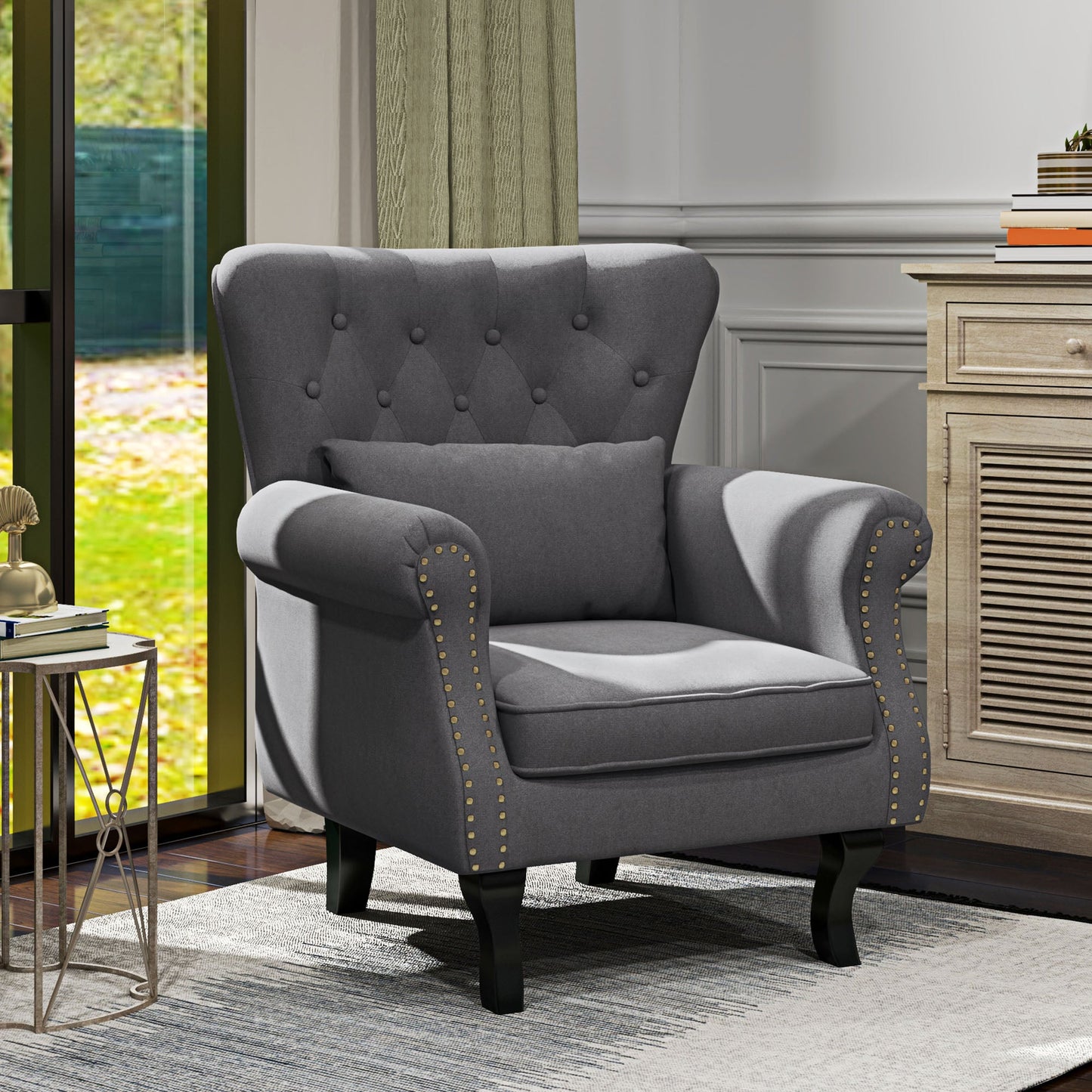 HOMCOM Wingback Armchair, Chesterfield-style Accent Chair, Upholstered Fireside Chair with Pillow, Button Tufted Back and Naihead Trim for Living Room, Bedroom, Home Office, Dark Grey