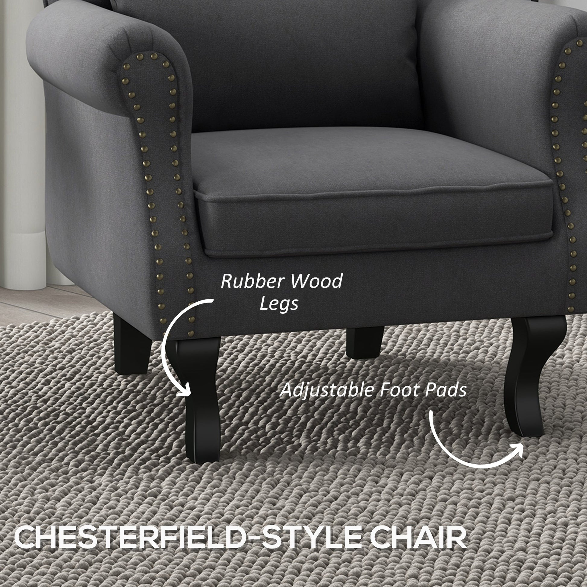 HOMCOM Wingback Armchair, Chesterfield-style Accent Chair, Upholstered Fireside Chair with Pillow, Button Tufted Back and Naihead Trim for Living Room, Bedroom, Home Office, Dark Grey