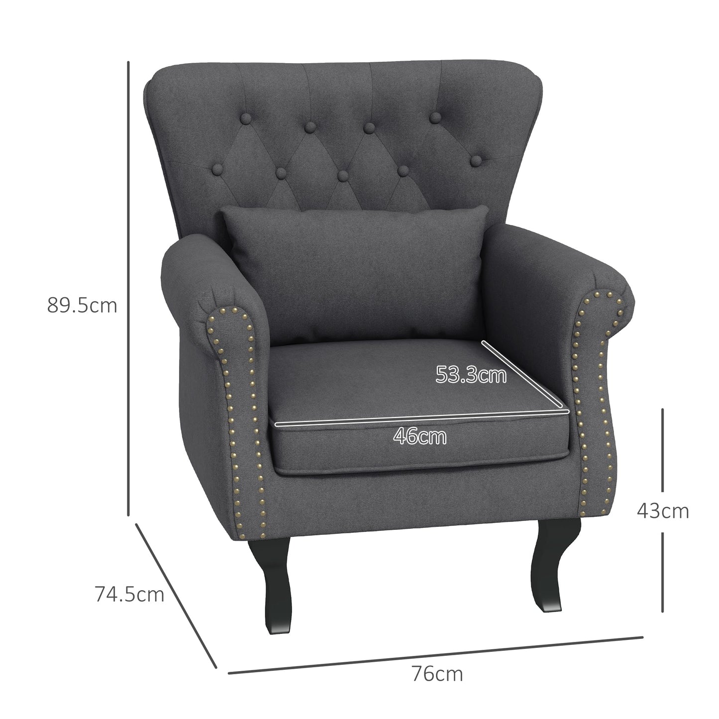 HOMCOM Wingback Armchair, Chesterfield-style Accent Chair, Upholstered Fireside Chair with Pillow, Button Tufted Back and Naihead Trim for Living Room, Bedroom, Home Office, Dark Grey