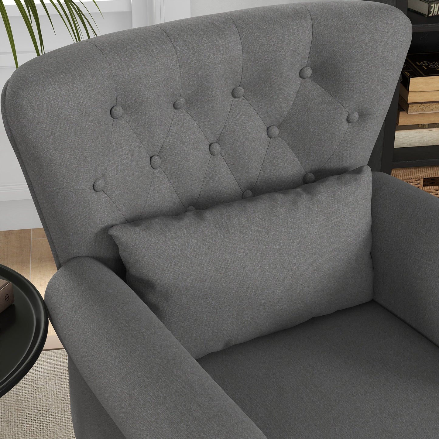 HOMCOM Wingback Armchair, Chesterfield-style Accent Chair, Upholstered Fireside Chair with Pillow, Button Tufted Back and Naihead Trim for Living Room, Bedroom, Home Office, Dark Grey