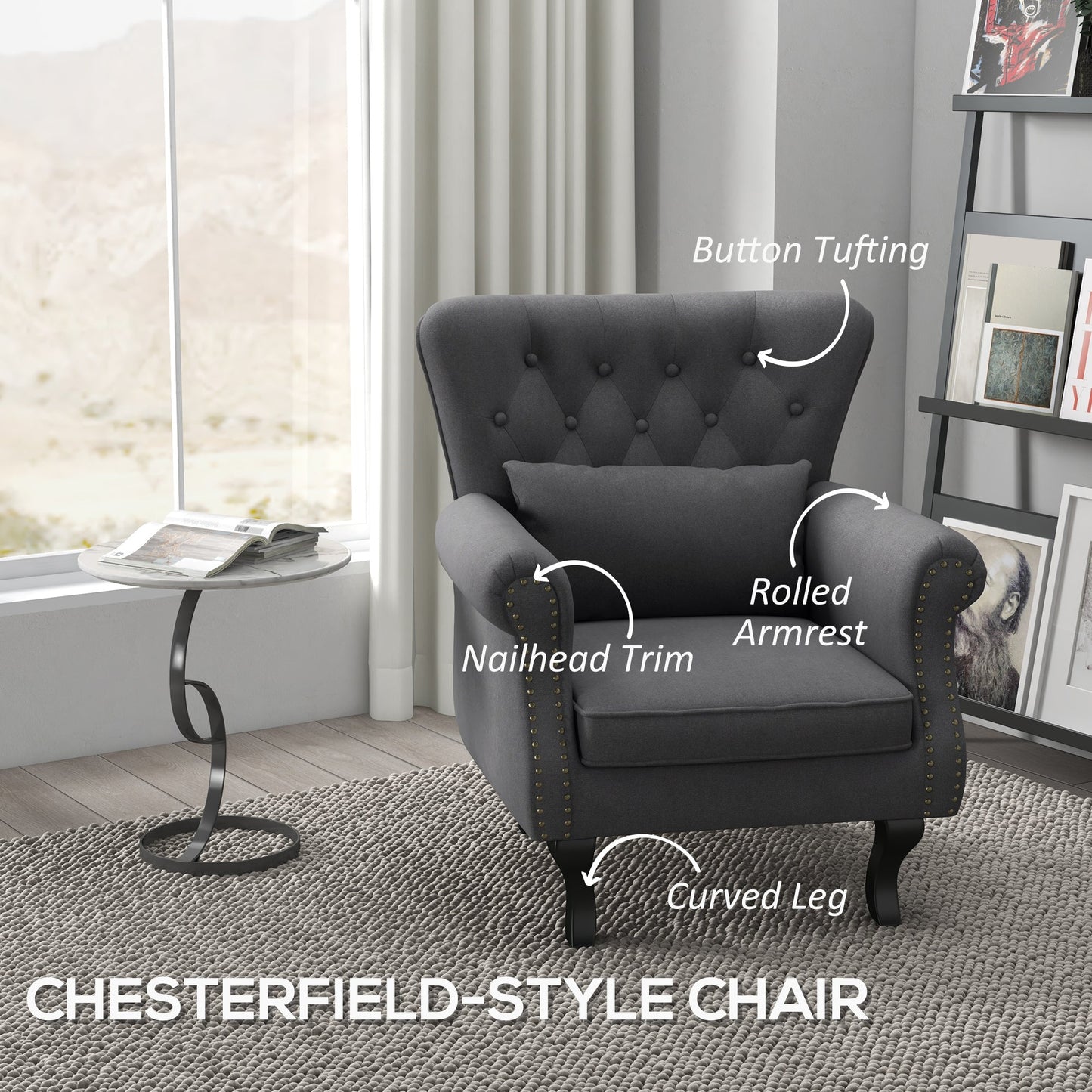 HOMCOM Wingback Armchair, Chesterfield-style Accent Chair, Upholstered Fireside Chair with Pillow, Button Tufted Back and Naihead Trim for Living Room, Bedroom, Home Office, Dark Grey
