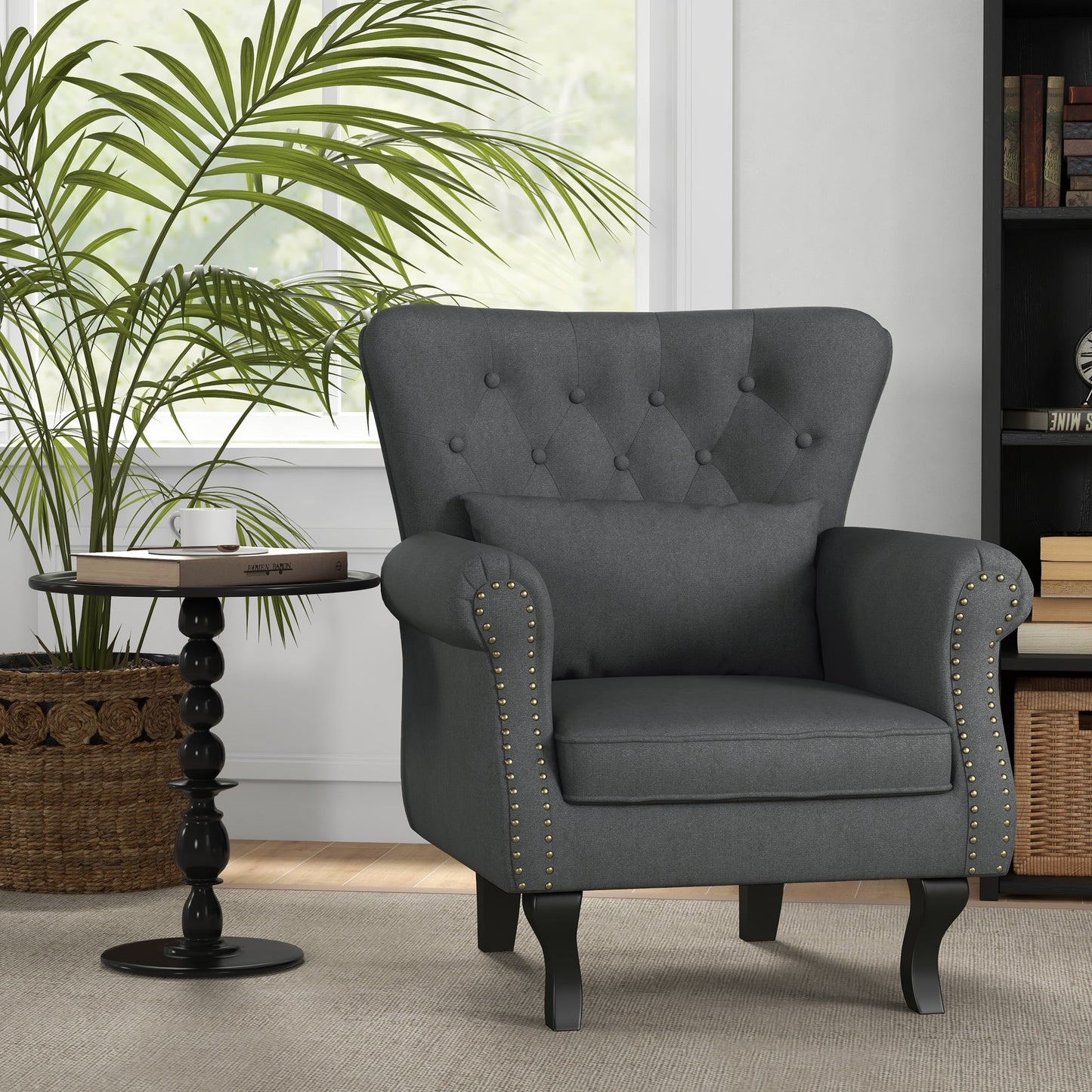 HOMCOM Wingback Armchair, Chesterfield-style Accent Chair, Upholstered Fireside Chair with Pillow, Button Tufted Back and Naihead Trim for Living Room, Bedroom, Home Office, Dark Grey