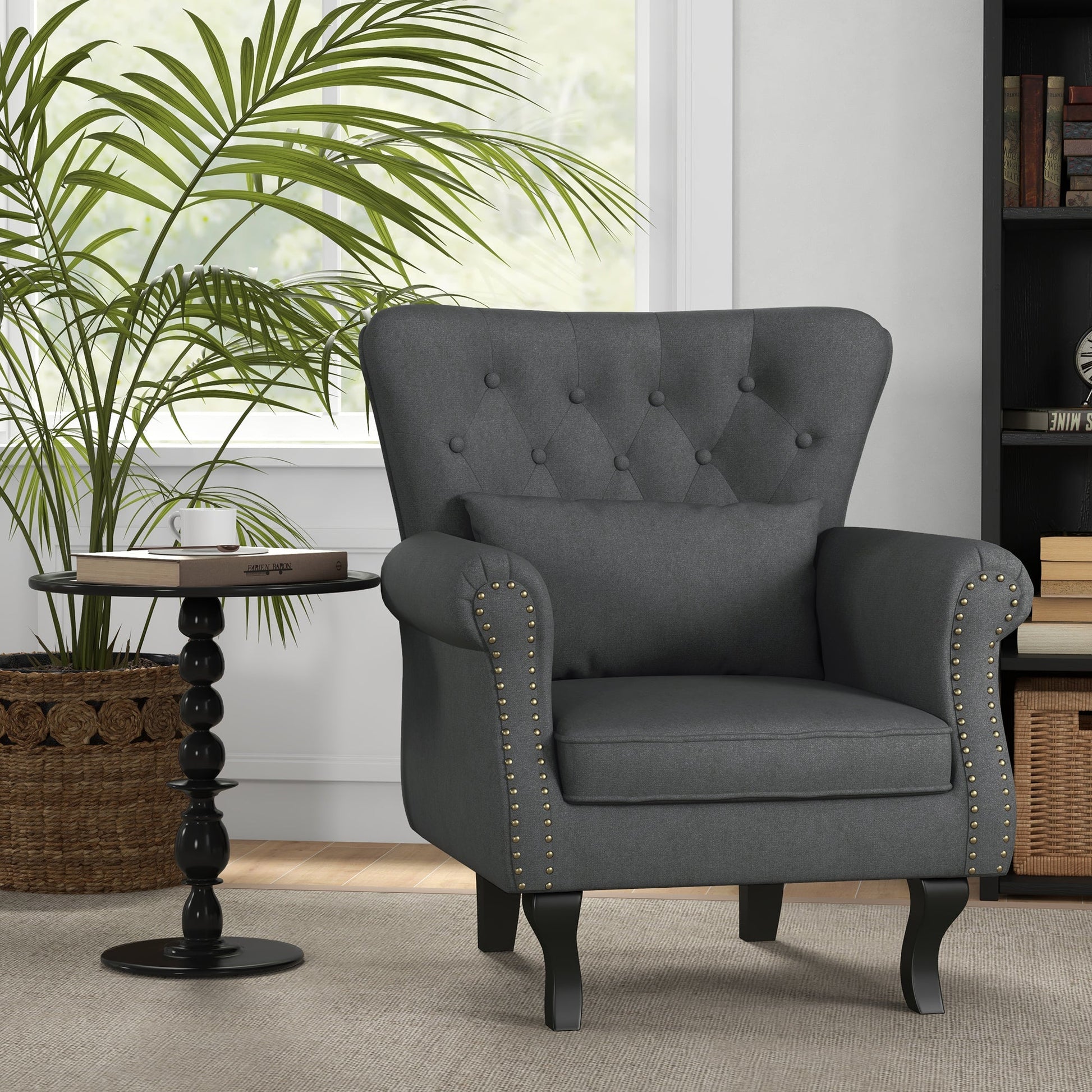 HOMCOM Wingback Armchair, Chesterfield-style Accent Chair, Upholstered Fireside Chair with Pillow, Button Tufted Back and Naihead Trim for Living Room, Bedroom, Home Office, Dark Grey