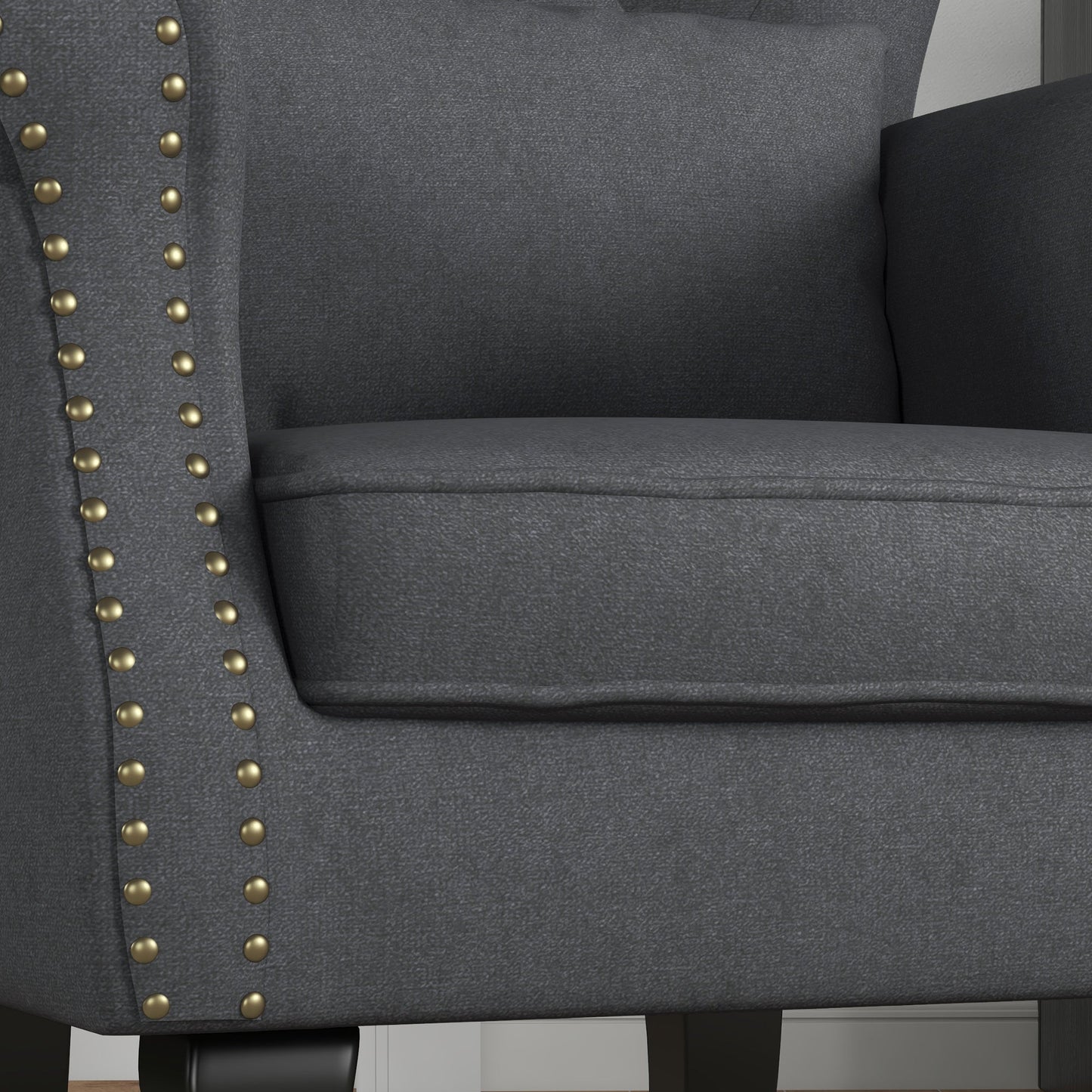 HOMCOM Wingback Armchair, Chesterfield-style Accent Chair, Upholstered Fireside Chair with Pillow, Button Tufted Back and Naihead Trim for Living Room, Bedroom, Home Office, Dark Grey