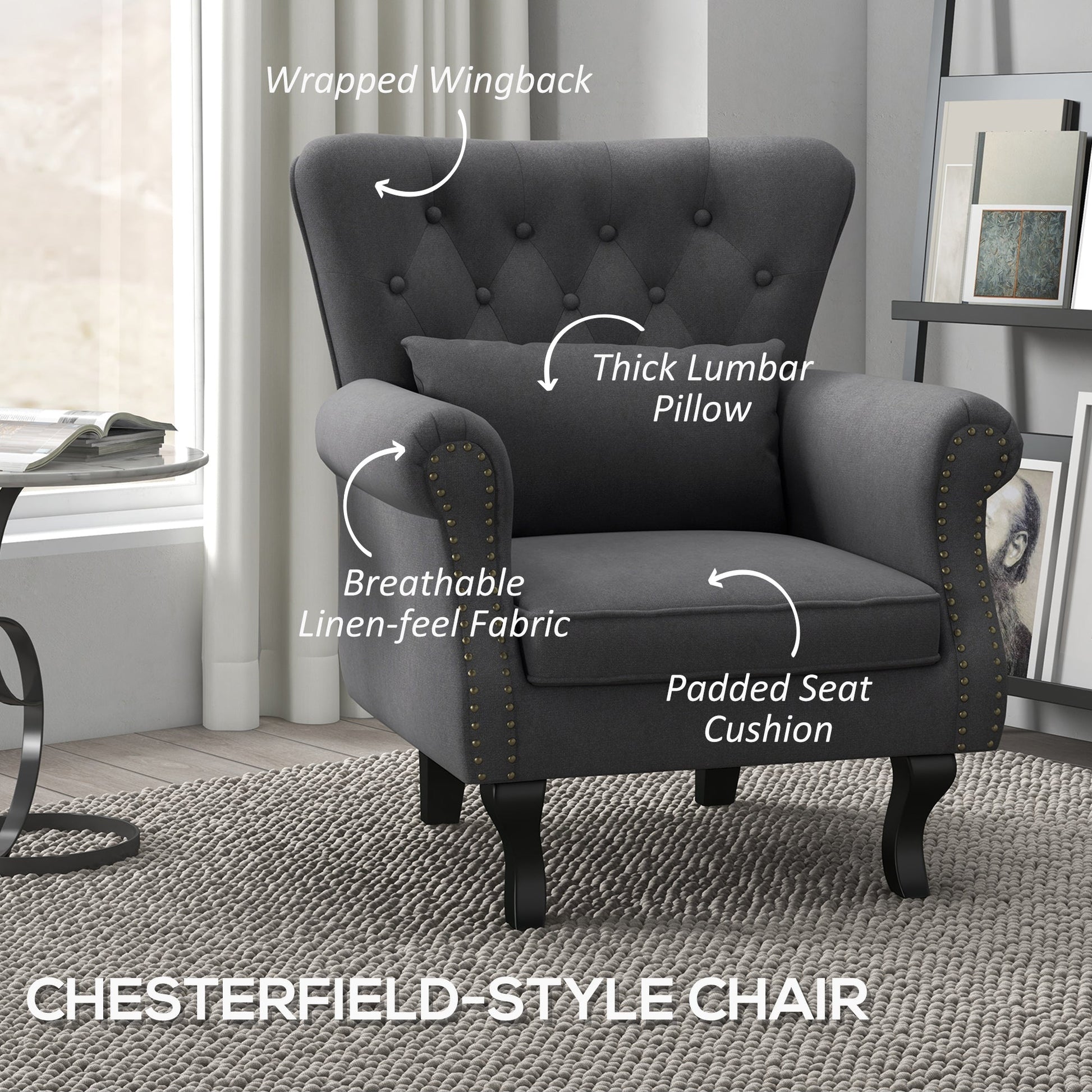 HOMCOM Wingback Armchair, Chesterfield-style Accent Chair, Upholstered Fireside Chair with Pillow, Button Tufted Back and Naihead Trim for Living Room, Bedroom, Home Office, Dark Grey