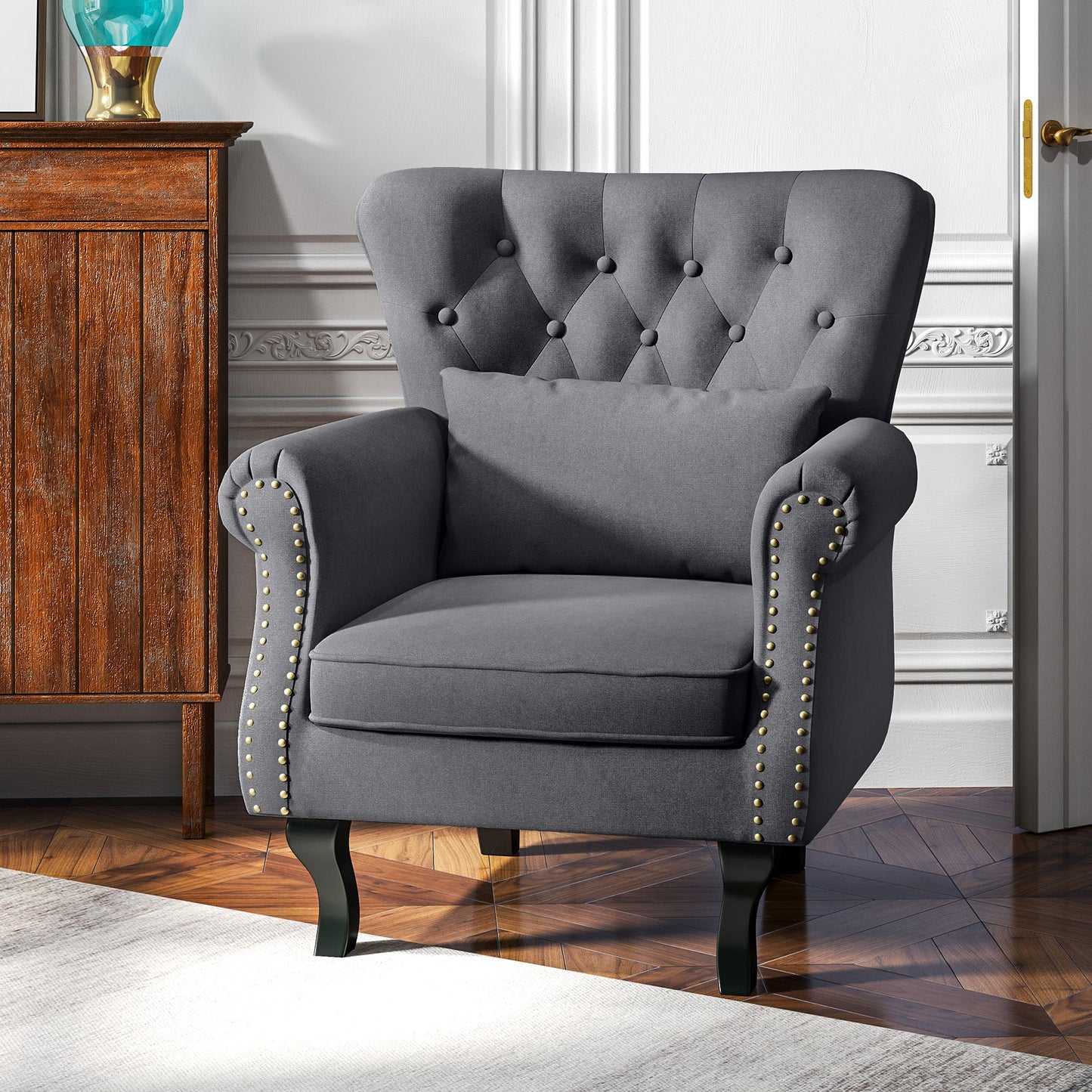 HOMCOM Wingback Armchair, Chesterfield-style Accent Chair, Upholstered Fireside Chair with Pillow, Button Tufted Back and Naihead Trim for Living Room, Bedroom, Home Office, Dark Grey