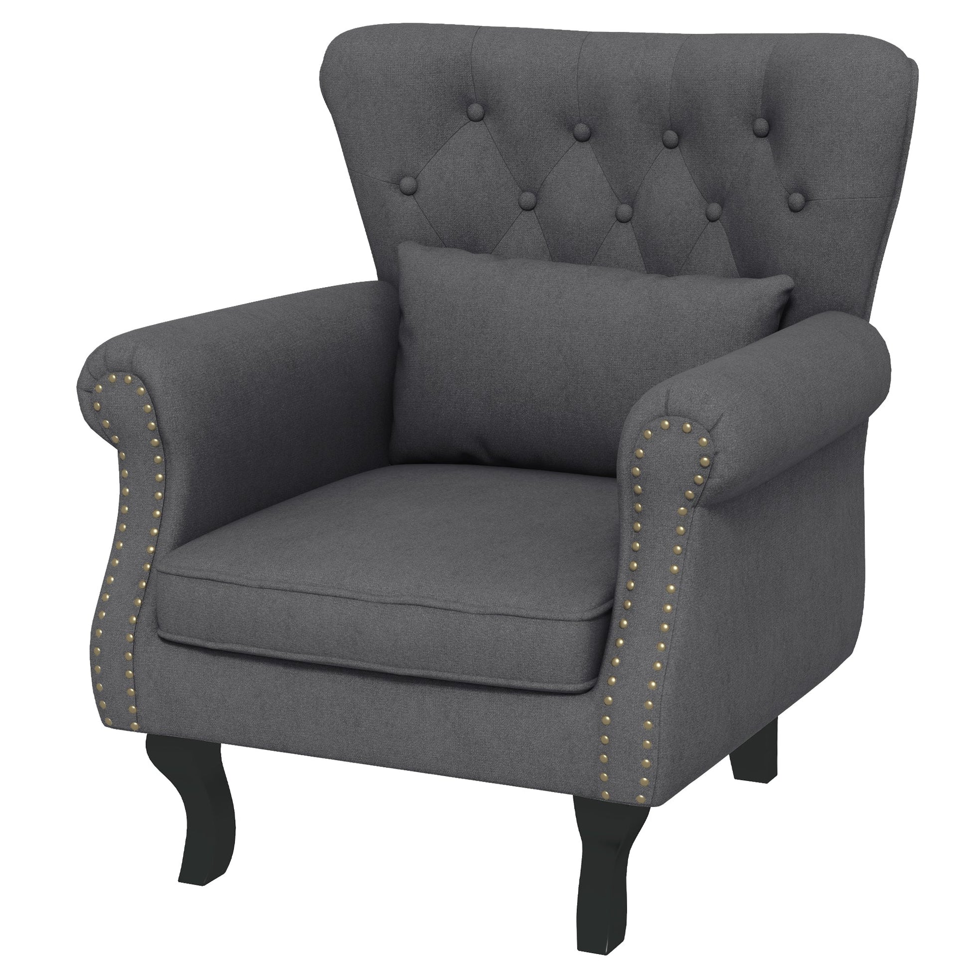 HOMCOM Wingback Armchair, Chesterfield-style Accent Chair, Upholstered Fireside Chair with Pillow, Button Tufted Back and Naihead Trim for Living Room, Bedroom, Home Office, Dark Grey