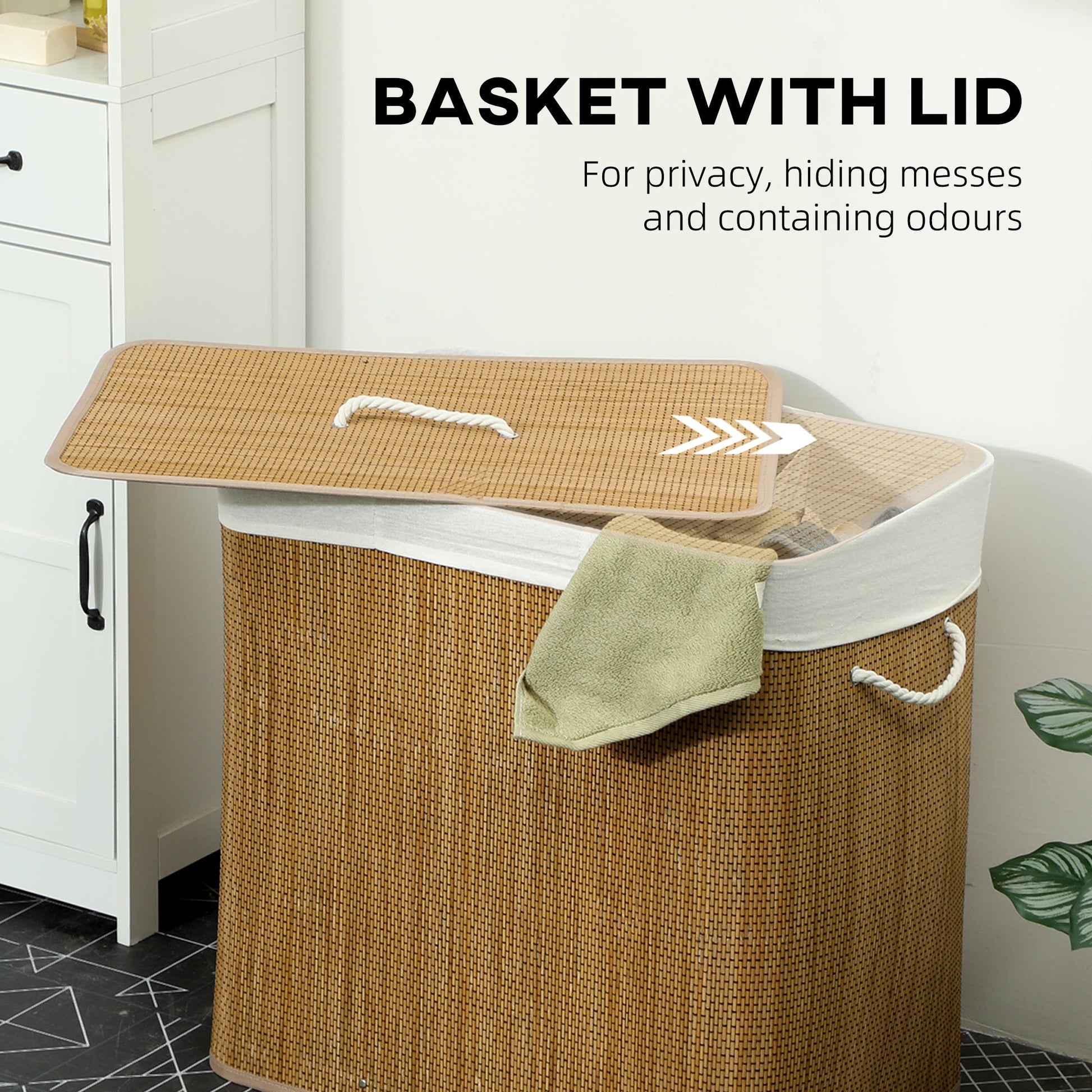 144L Laundry Basket with Lid, 3 Section Bamboo Laundry Hamper with Removable and Washable Liner, Handles, Dirty Clothes Hamper for Bathroom, Bedroom, Brown