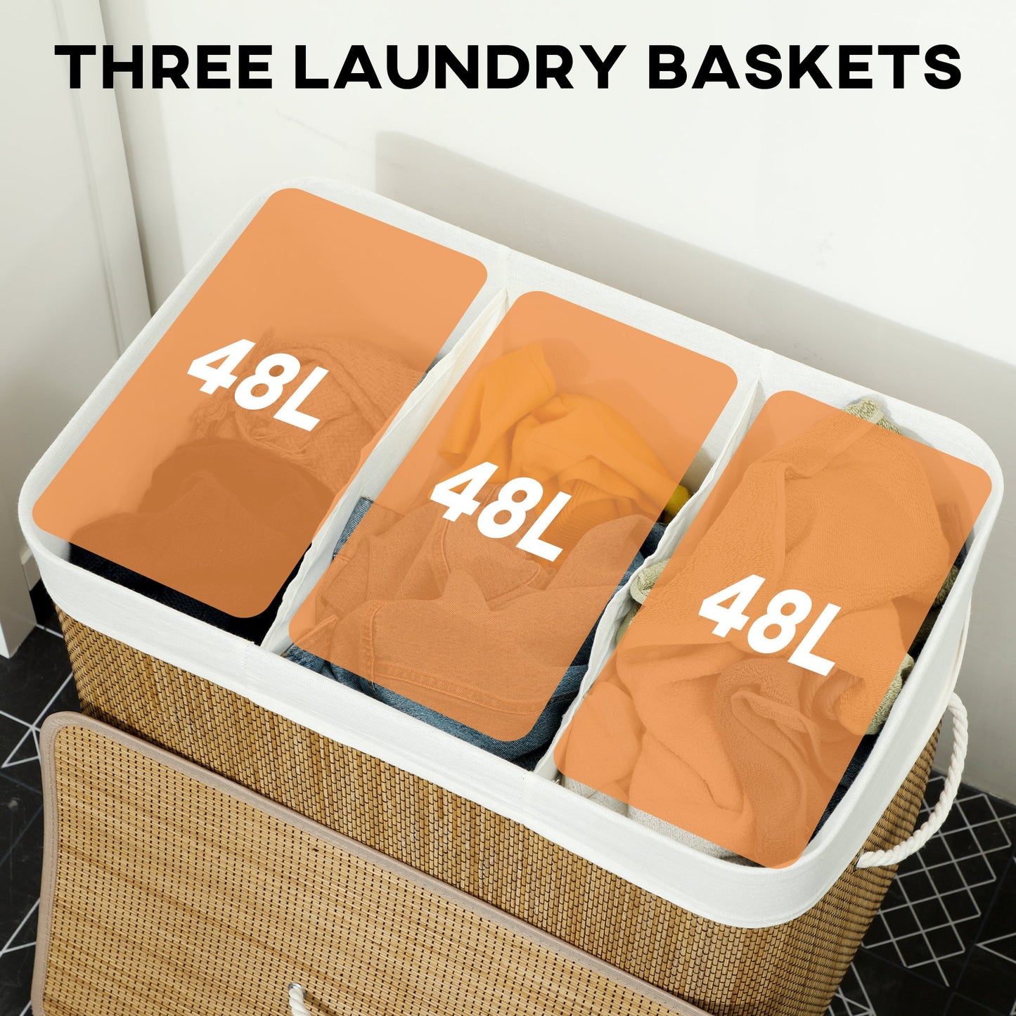 144L Laundry Basket with Lid, 3 Section Bamboo Laundry Hamper with Removable and Washable Liner, Handles, Dirty Clothes Hamper for Bathroom, Bedroom, Brown