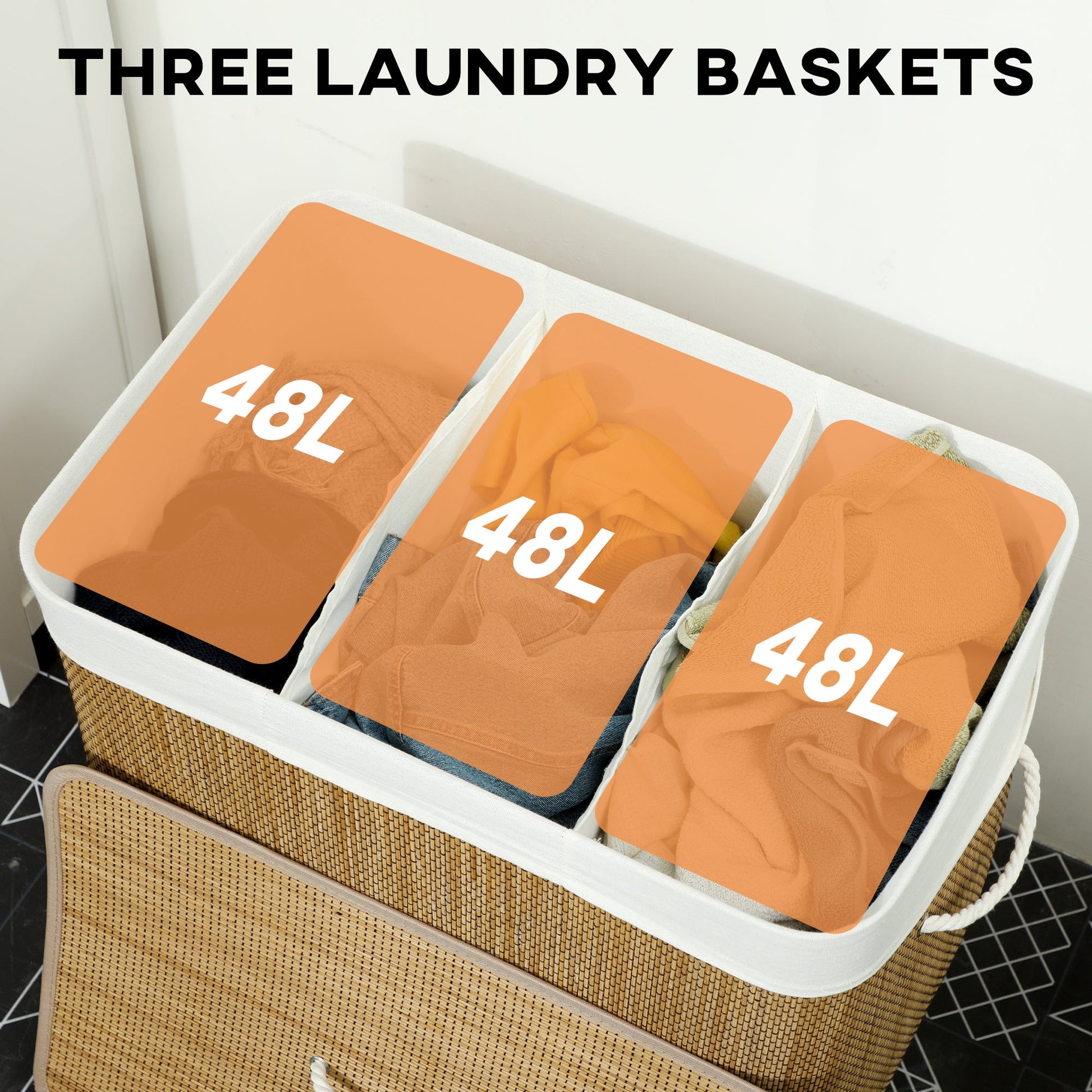 144L Laundry Basket with Lid, 3 Section Bamboo Laundry Hamper with Removable and Washable Liner, Handles, Dirty Clothes Hamper for Bathroom, Bedroom, Brown