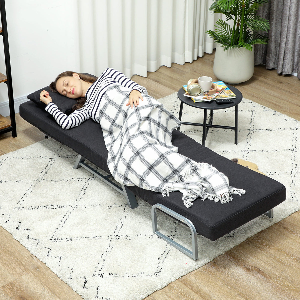 Single Sofa Bed, 3-in-1 Convertible Folding Chair Bed with Adjustable Backrest, Removable Armrests, Steel Legs, Linen Sleeper Chair for Living Room, Bedroom, Small Space, Black