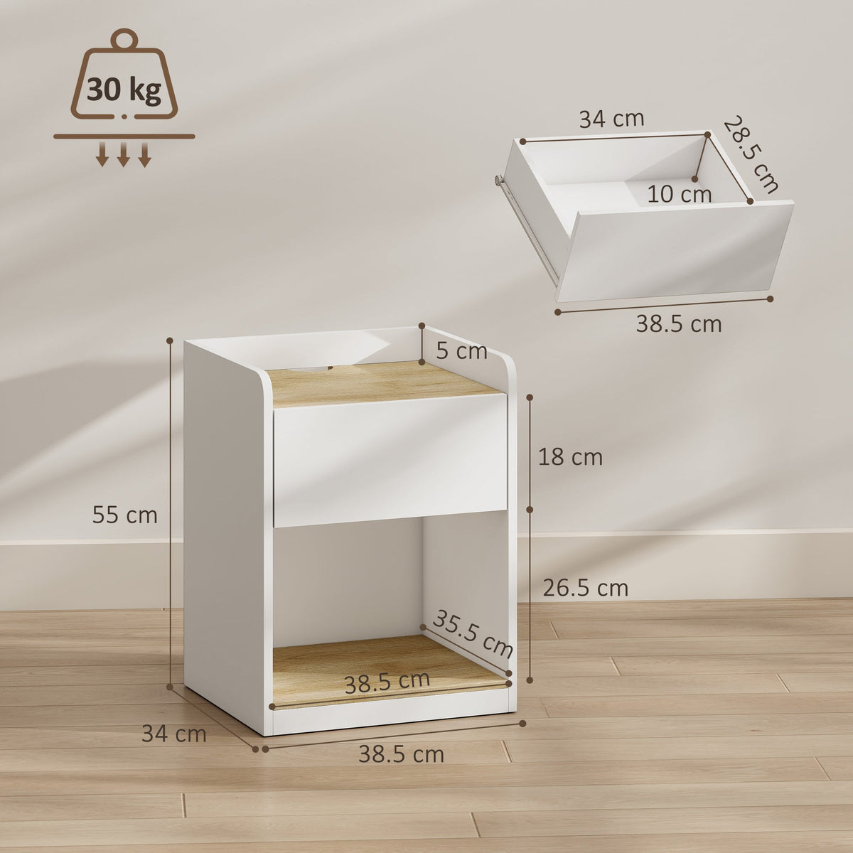 Modern Bedside Table, Slim Nightstand with Drawer, Shelf and Cable Holes, Bedside Cabinet for Bedroom, Living Room, White and Oak