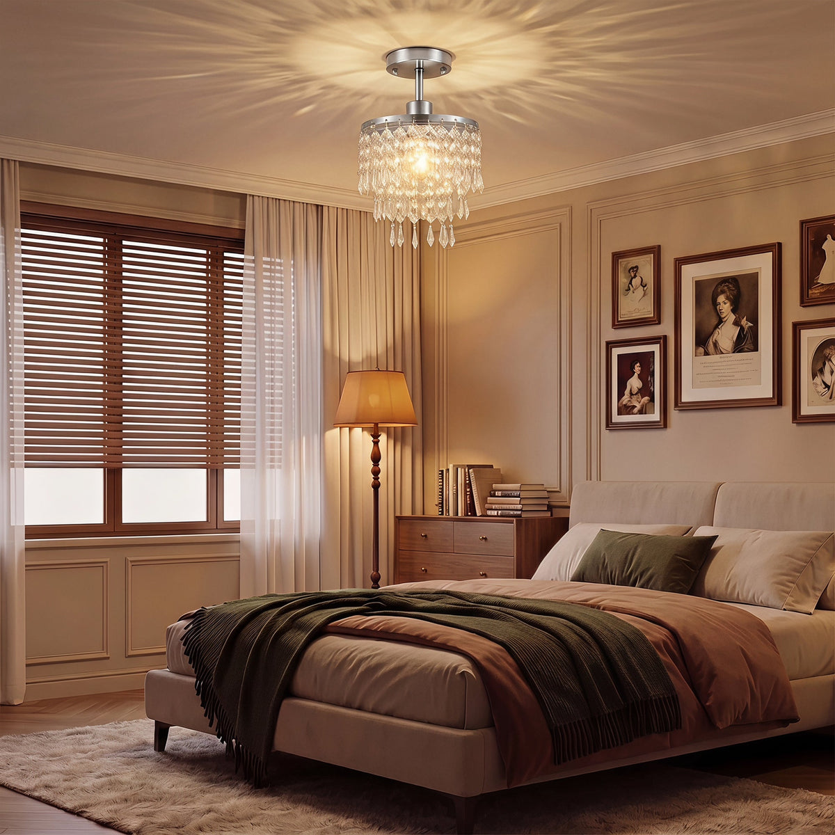 Crystal Ceiling Light with 57 Crystal Strands, Modern Ceiling Light with Mounting Plate for Bedroom, Dining Room, Hallway, Silver Tone, Bulb Not Included