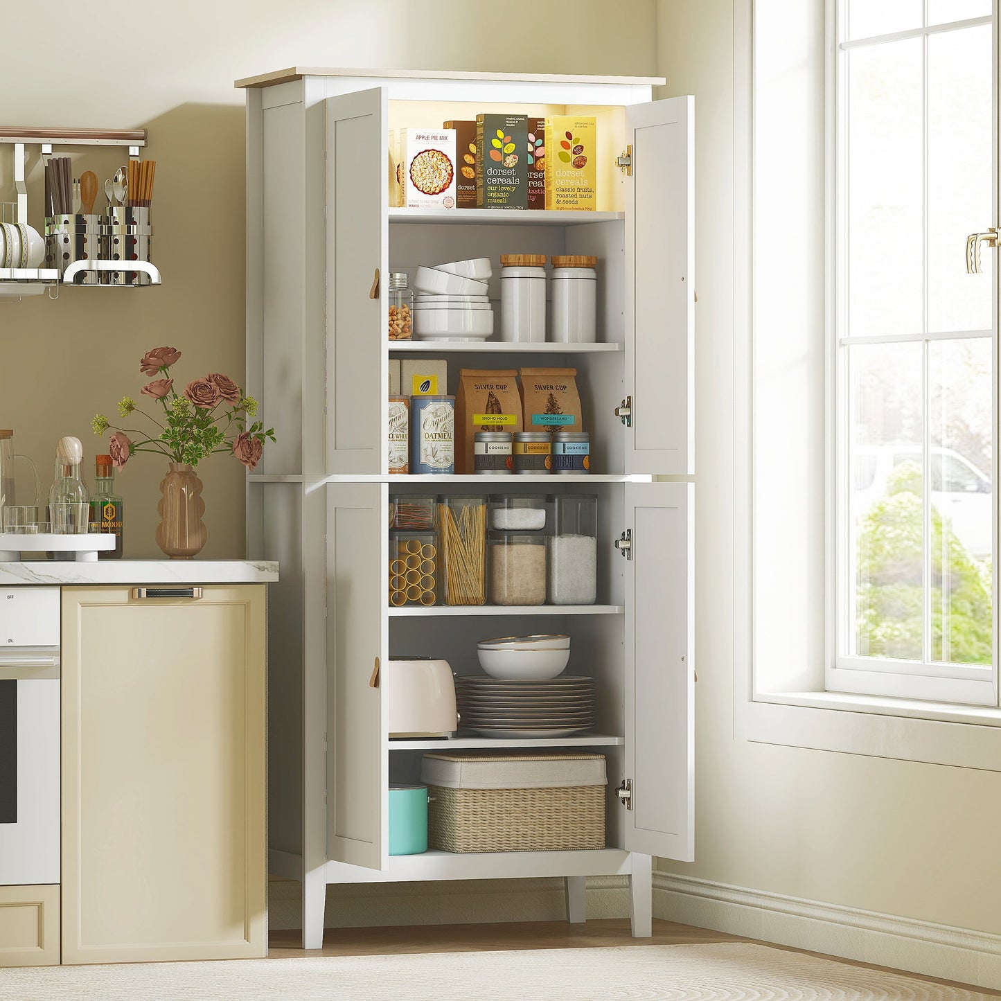Tall Kitchen Cupboard with Motion Sensor LED Light, 3-Colour Dimmable Lighting, 177 cm Freestanding Storage Cabinet with Doors and Adjustable Shelves, White