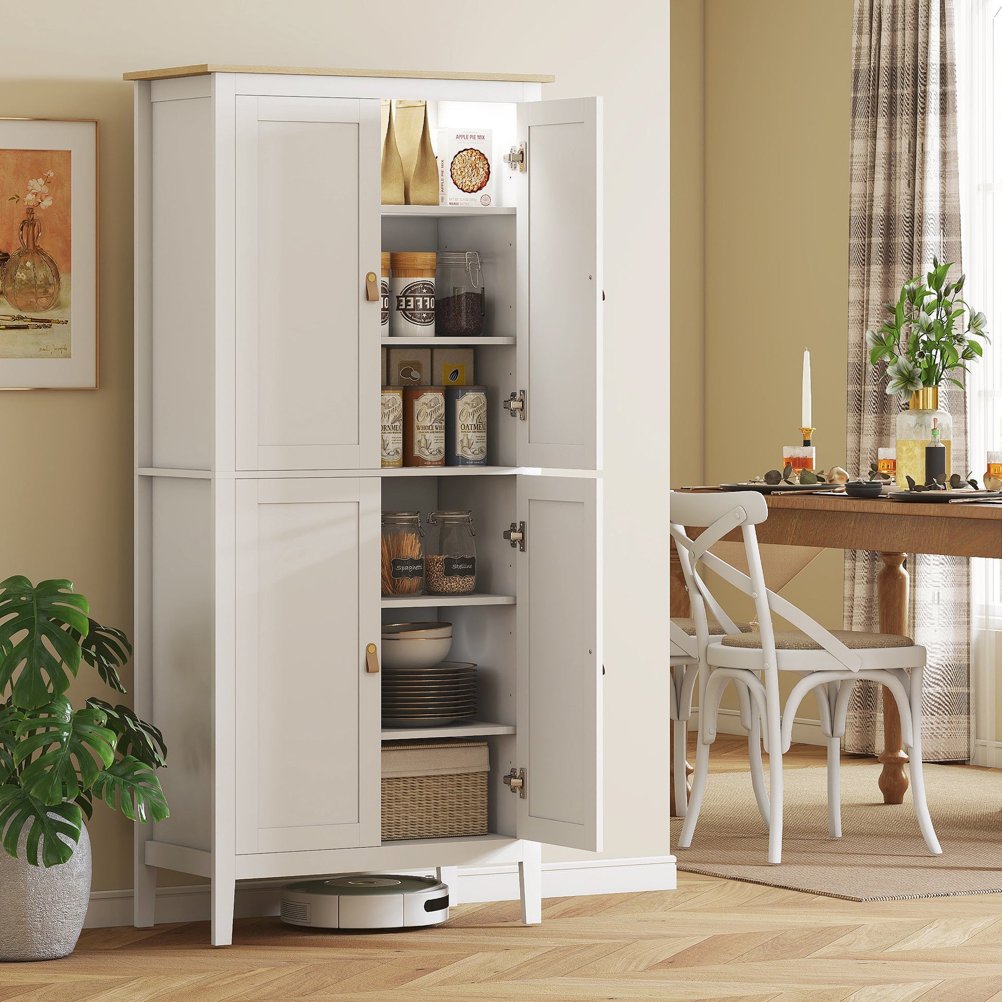 Tall Kitchen Cupboard with Motion Sensor LED Light, 3-Colour Dimmable Lighting, 177 cm Freestanding Storage Cabinet with Doors and Adjustable Shelves, White