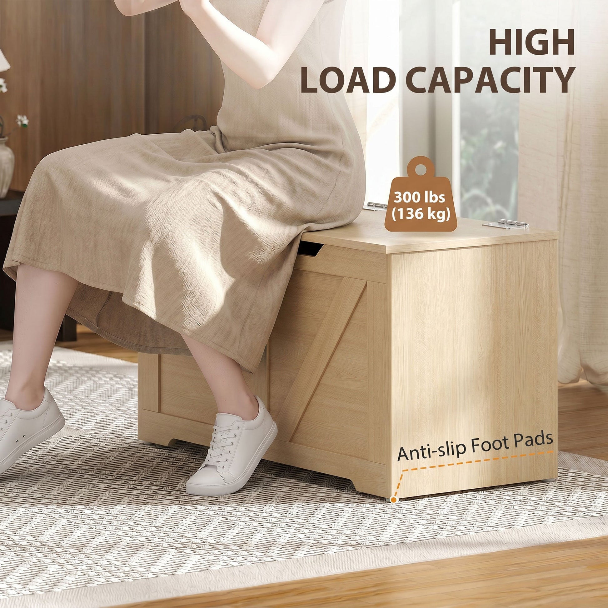 100L Storage Chest, Shoe Storage Trunk Bench Box with Safety Hinge and U-shaped Cut-out Pull, Blanket Box Ottoman for Bedroom, Living Room, Entryway, 80 x 40 x 45 cm, Nature Wood Finish