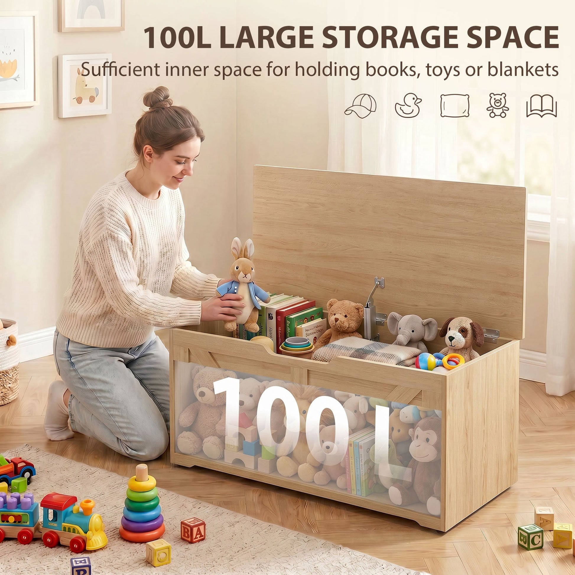 100L Storage Chest, Shoe Storage Trunk Bench Box with Safety Hinge and U-shaped Cut-out Pull, Blanket Box Ottoman for Bedroom, Living Room, Entryway, 80 x 40 x 45 cm, Nature Wood Finish