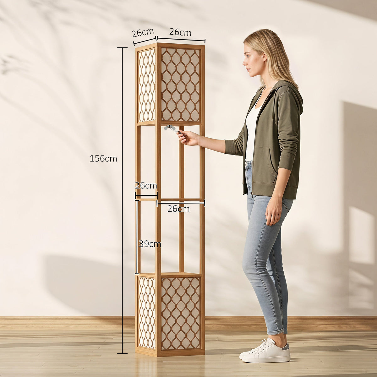 Floor Lamp with Shelves, Modern Tall Standing Lamp with Fabric Lampshades, Zipper Switch and Dual Light for Living Room and Bedroom, Bulbs Not Included, Natural Wood Finish
