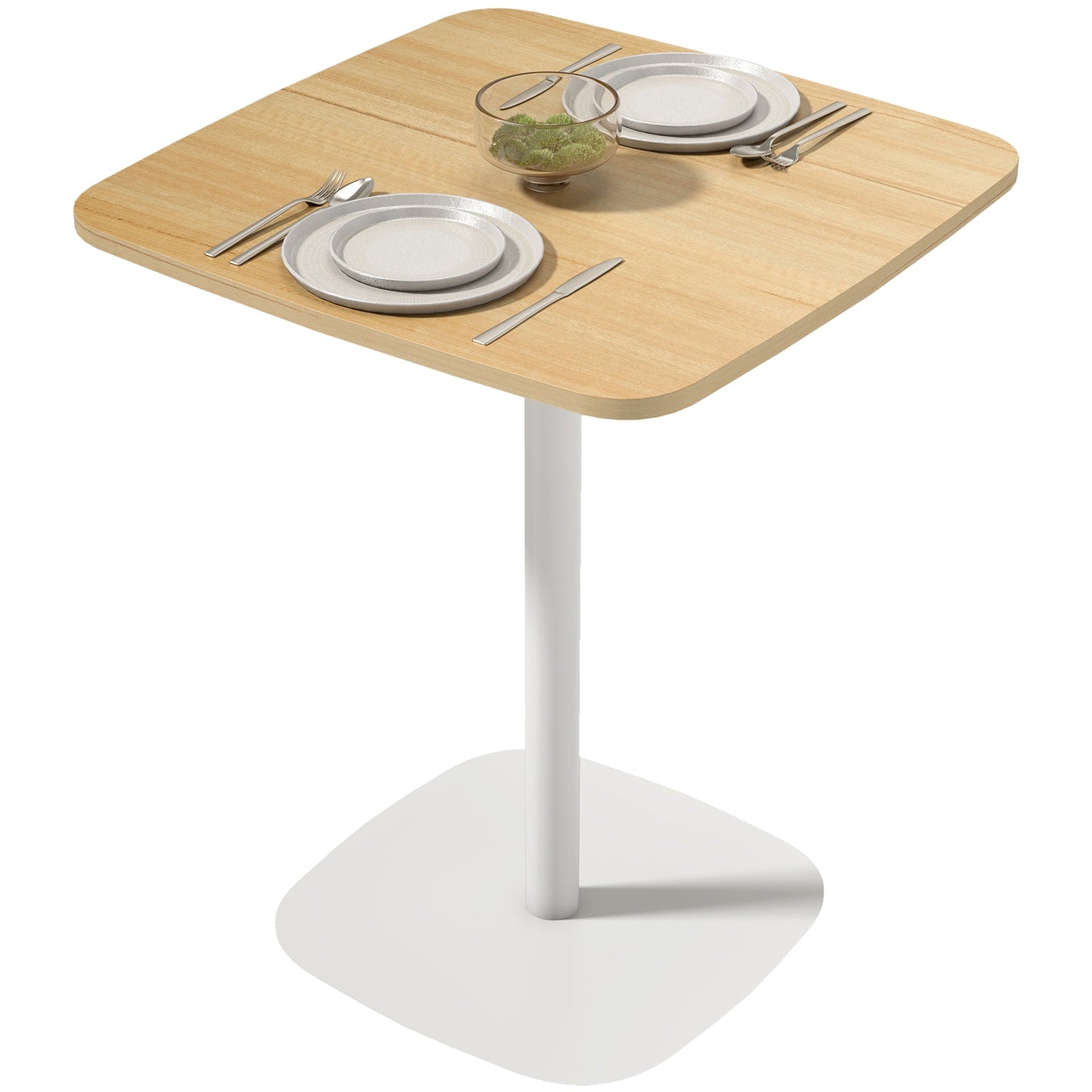 Small Dining Table, 60 cm Square Kitchen Table with Wood Veneer Top, Square Steel Pedestal Base and Anti-slip Foot Pads for Living Room, Dining Room, Natural Wood Finish